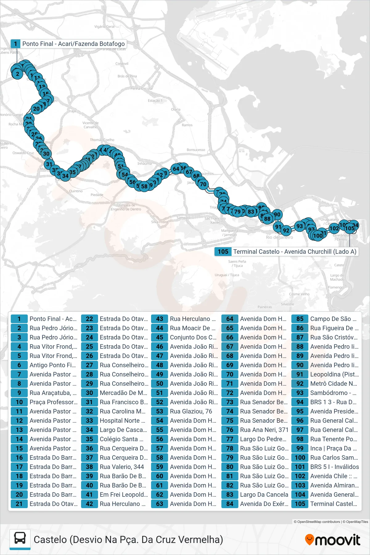Rota e paradas da linha de ônibus 298 (Castelo (Desvio Na Pça. Da Cruz Vermelha)) no mapa