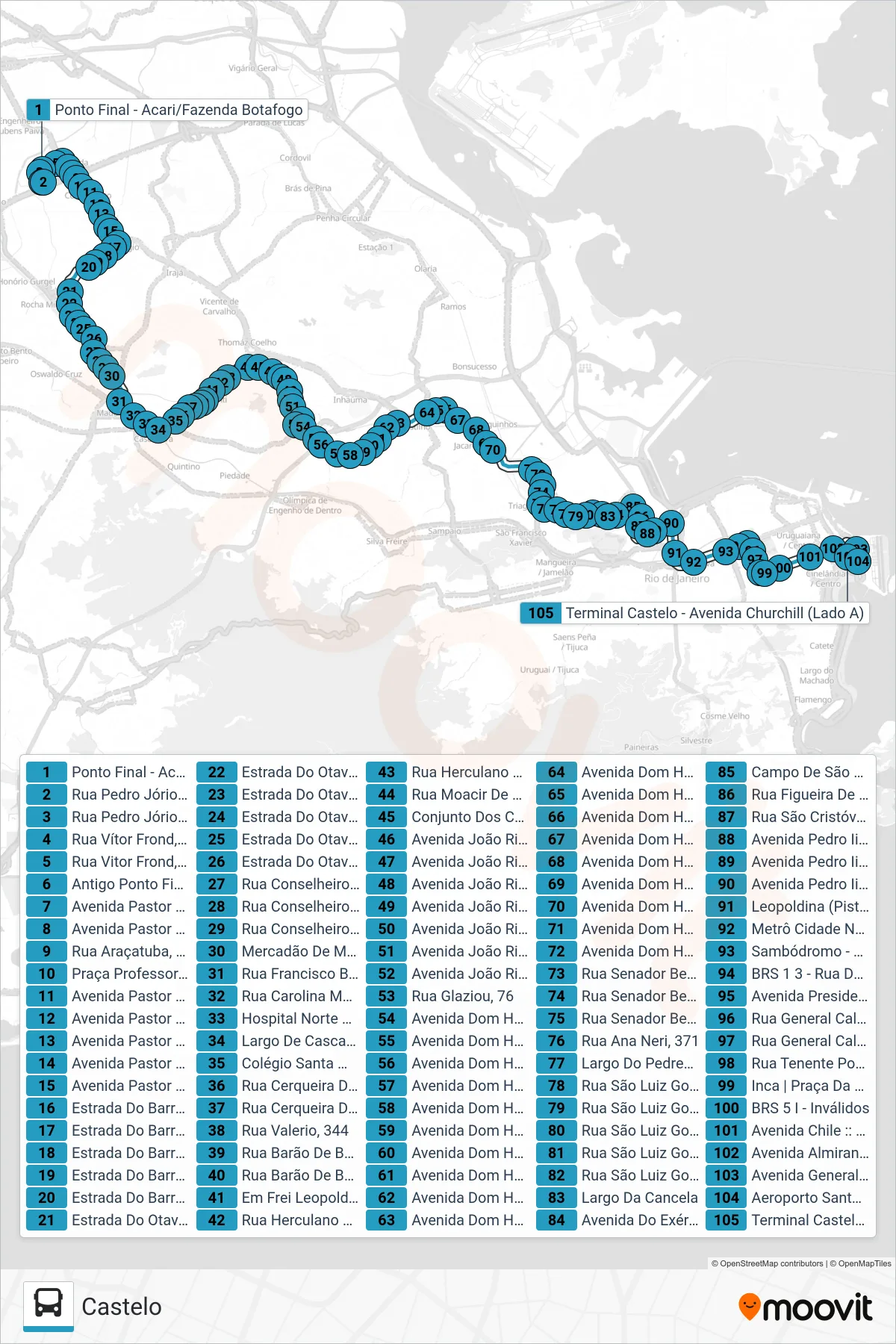 Rota e paradas da linha de ônibus 298 (Castelo) no mapa