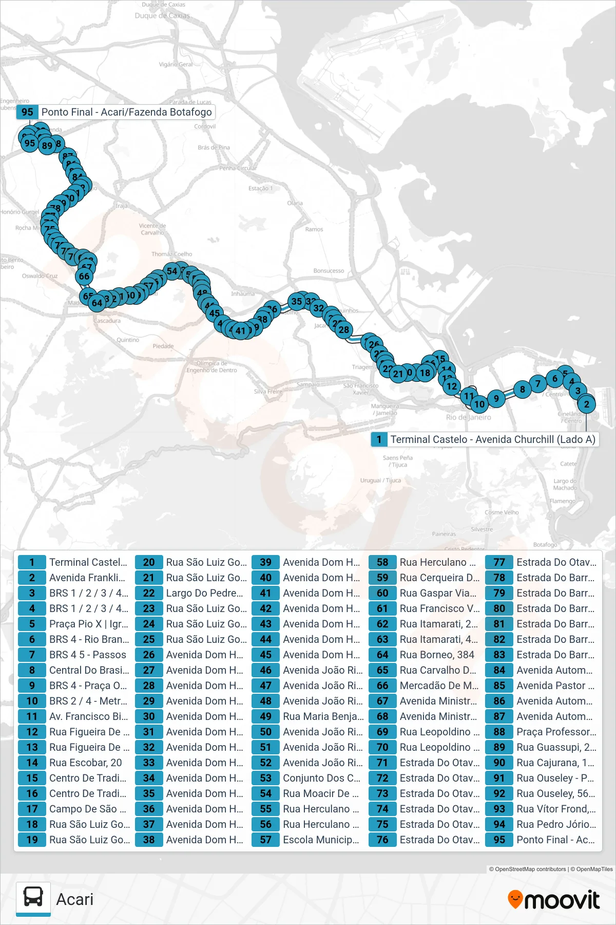Rota e paradas da linha de ônibus 298 (Acari) no mapa