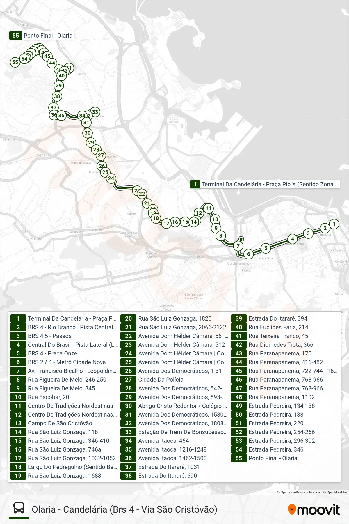 Rota e paradas da linha de ônibus 312 (Olaria) no mapa