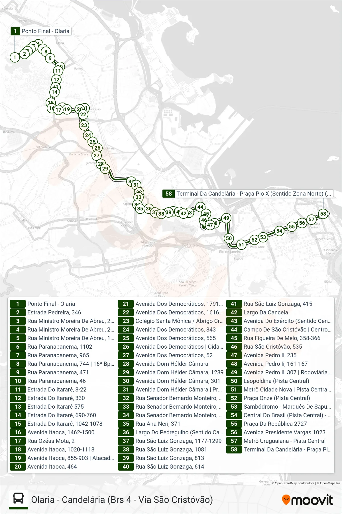 Rota e paradas da linha de ônibus 312 (Candelária) no mapa