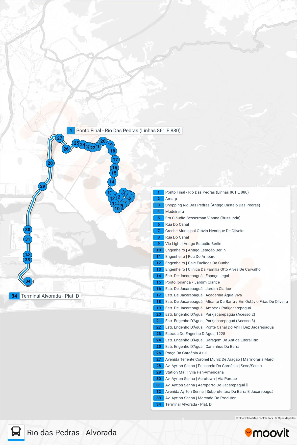 Rota e paradas da linha de ônibus 880 (Alvorada) no mapa