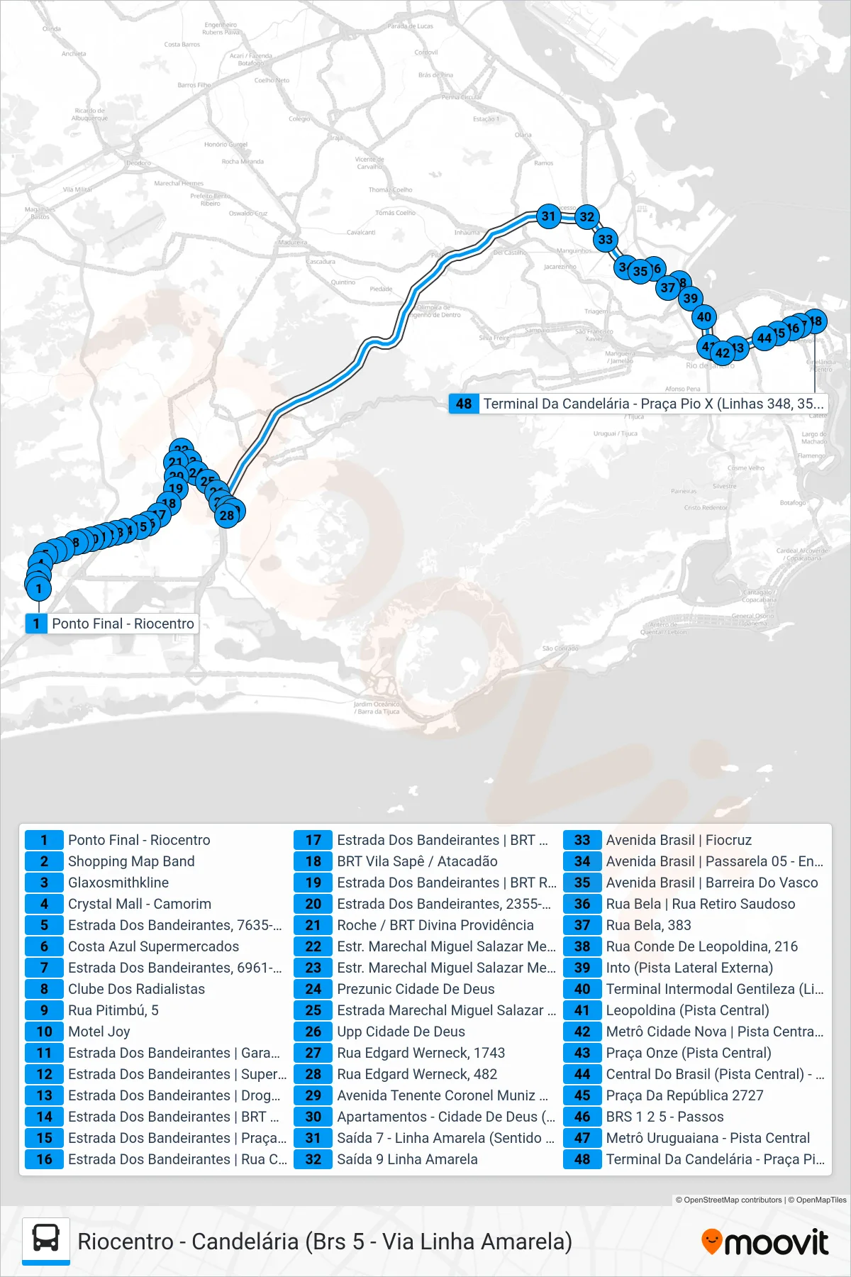 Rota e paradas da linha de ônibus 348 (Candelária) no mapa