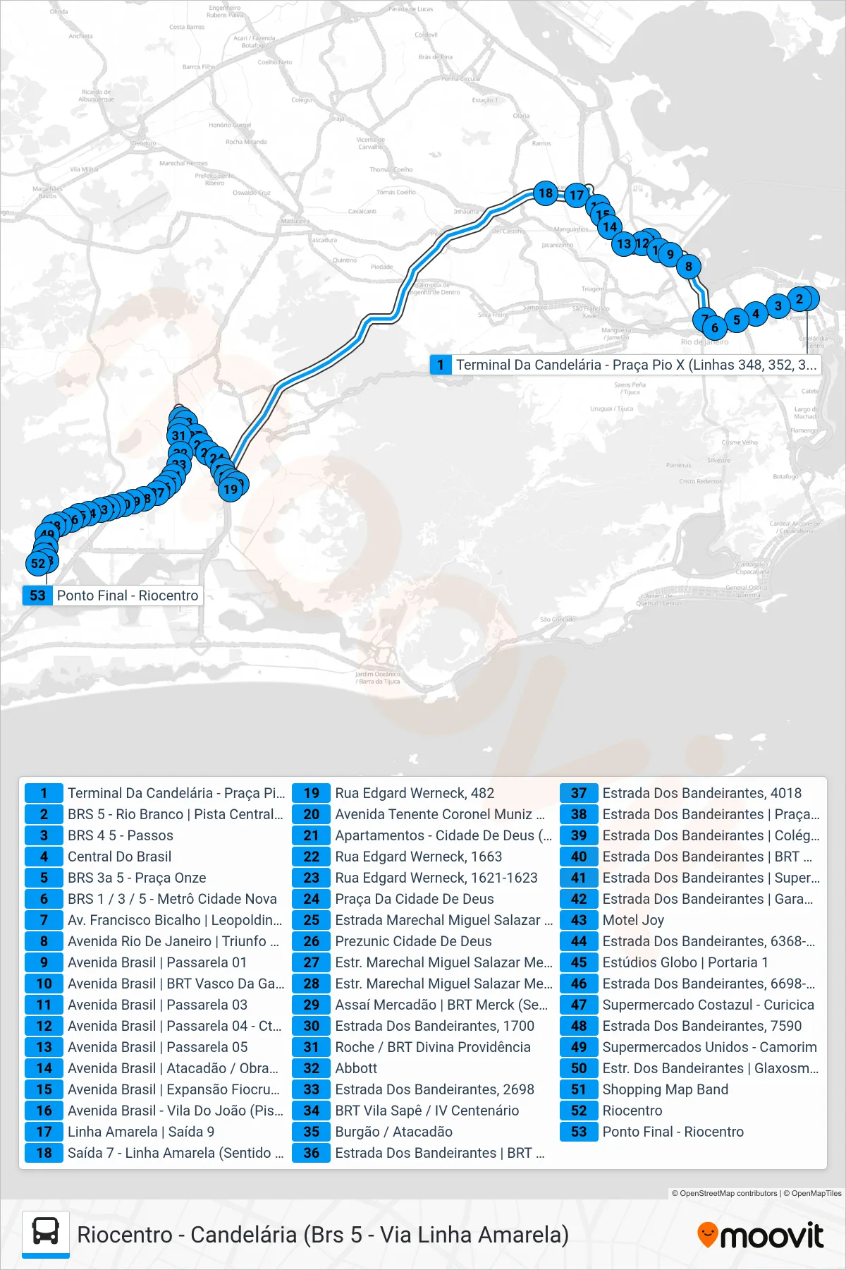 Rota e paradas da linha de ônibus 348 (Riocentro) no mapa
