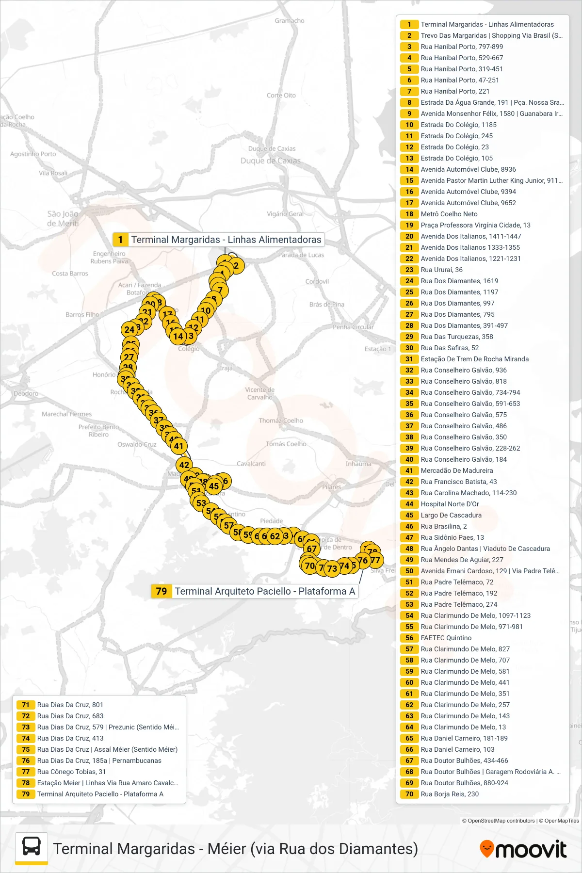 Rota e paradas da linha de ônibus 685 (Méier) no mapa