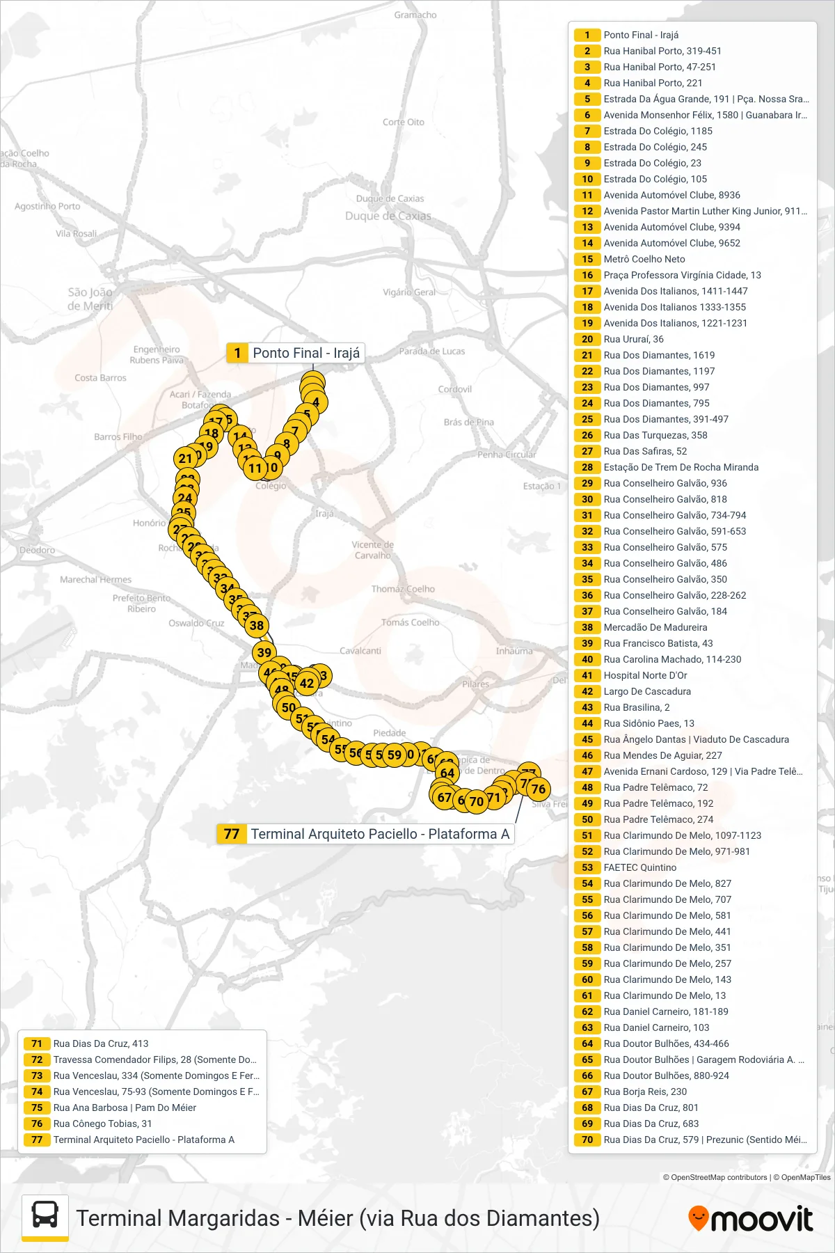 Rota e paradas da linha de ônibus 685 (Méier (Área De Lazer)) no mapa