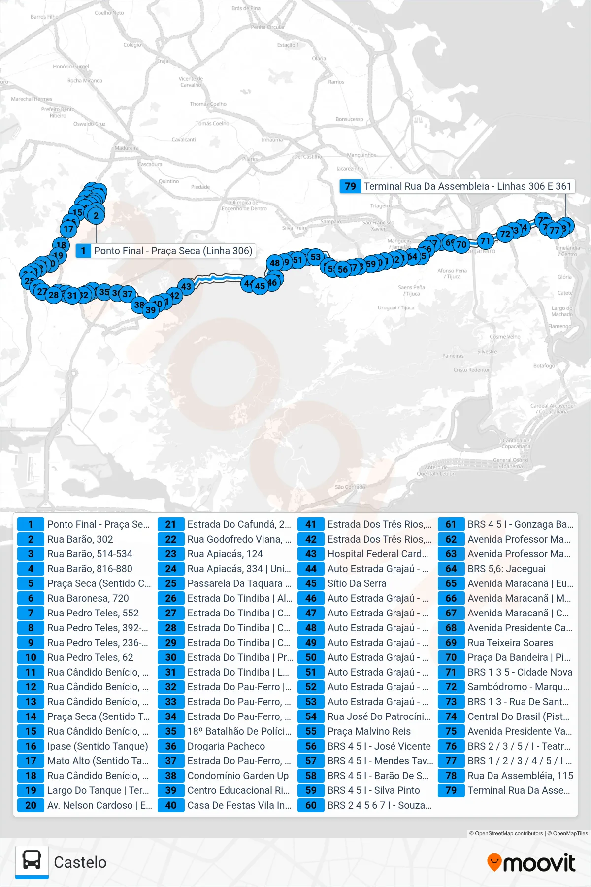 Rota e paradas da linha de ônibus  306  (Castelo) no mapa