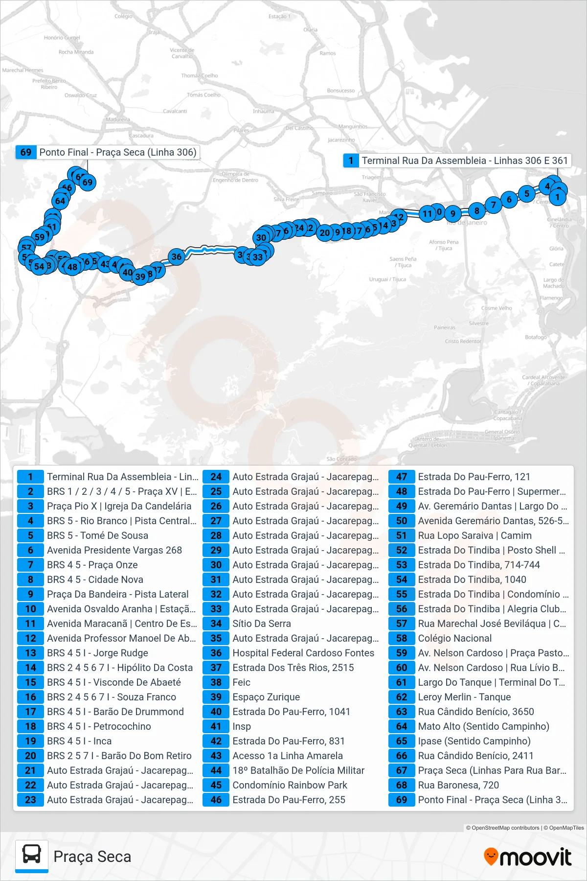 Rota e paradas da linha de ônibus 306 (Praça Seca) no mapa
