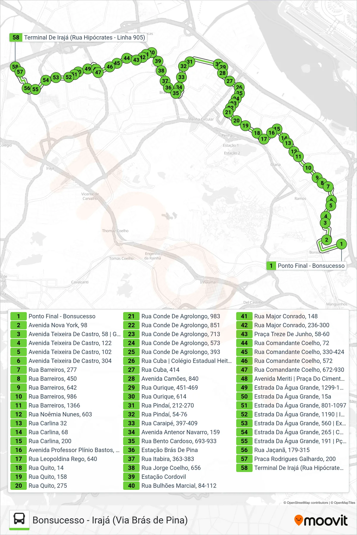 Rota e paradas da linha de ônibus  905  (Irajá) no mapa