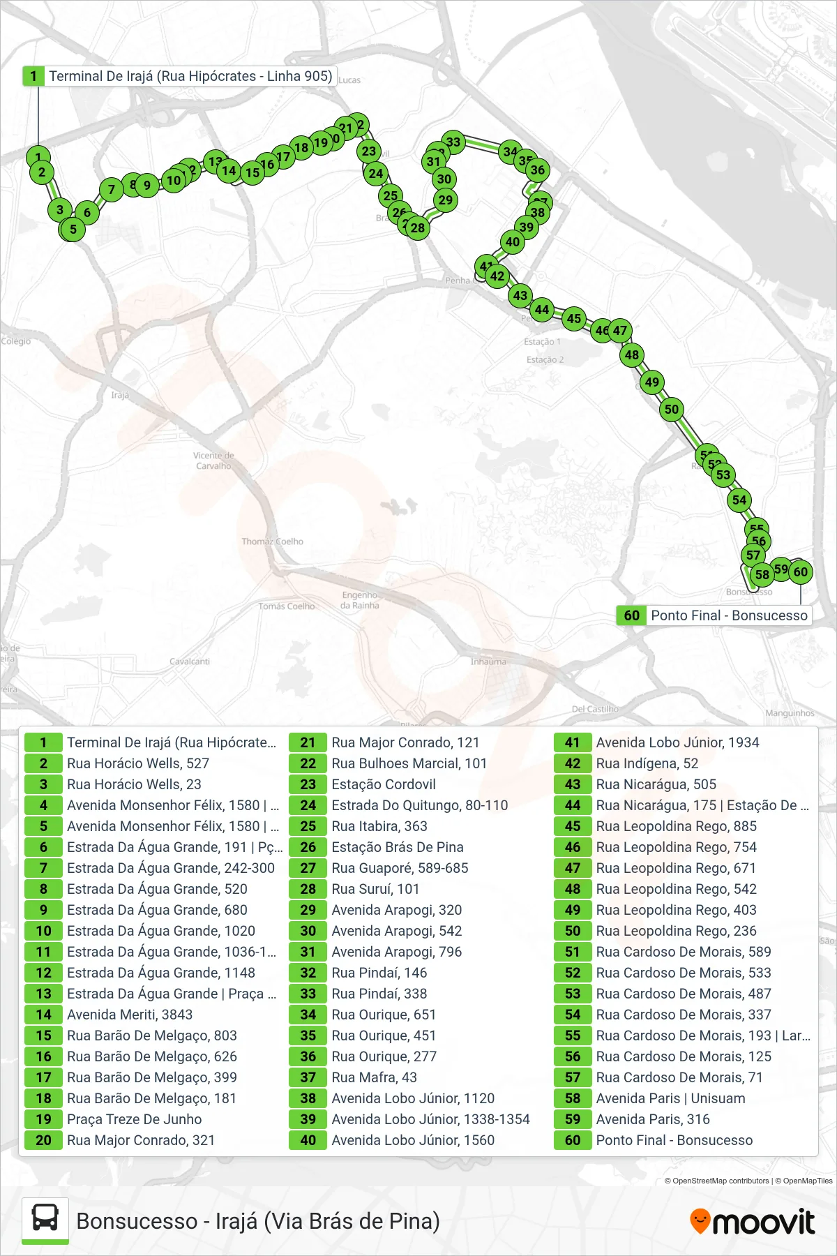 Rota e paradas da linha de ônibus 905 (Bonsucesso) no mapa