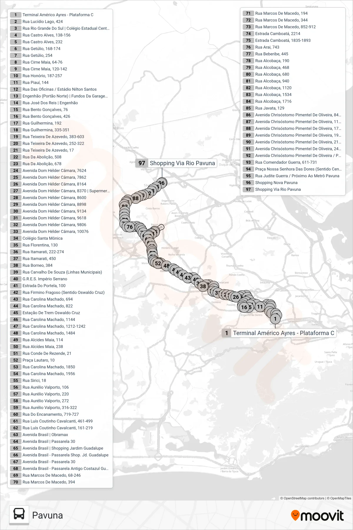 Rota e paradas da linha de ônibus  669  (Pavuna) no mapa