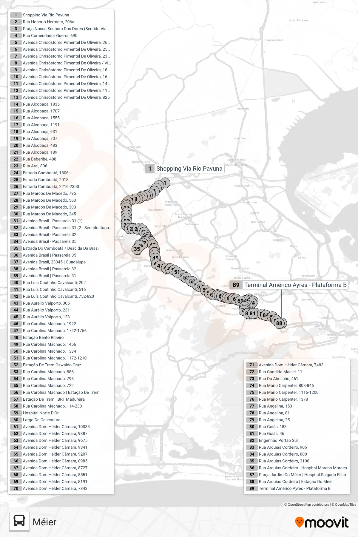 Rota e paradas da linha de ônibus 669 (Méier) no mapa