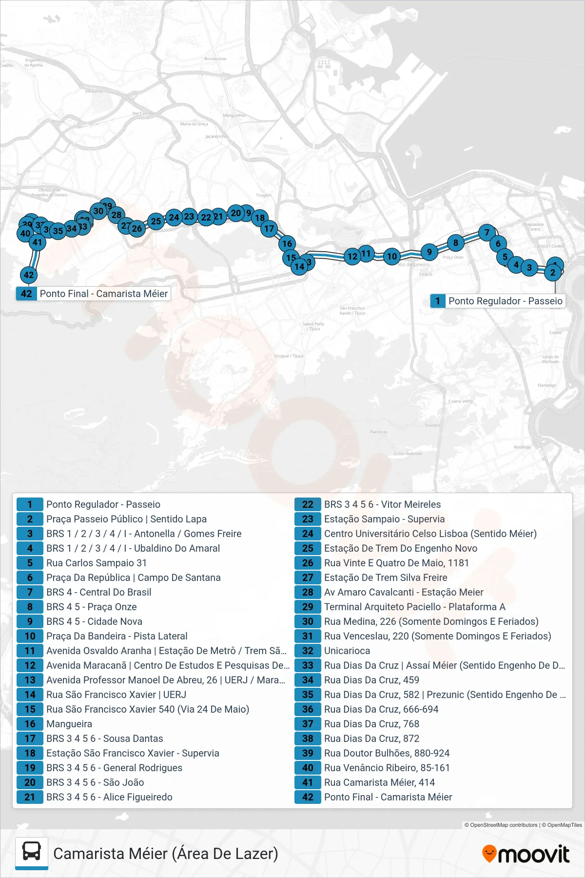 Rota e paradas da linha de ônibus 247 (Camarista Méier (Área De Lazer)) no mapa