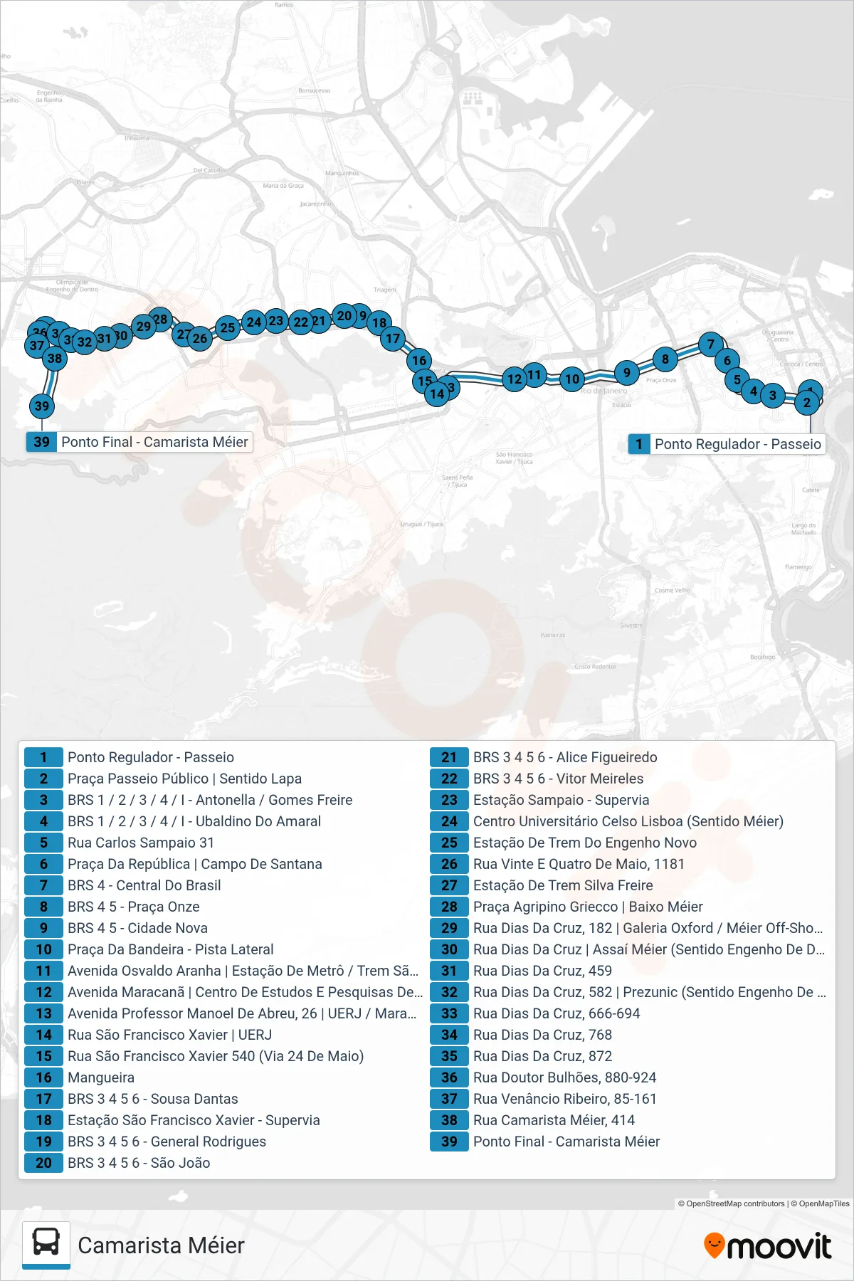 Rota e paradas da linha de ônibus  247  (Camarista Méier) no mapa