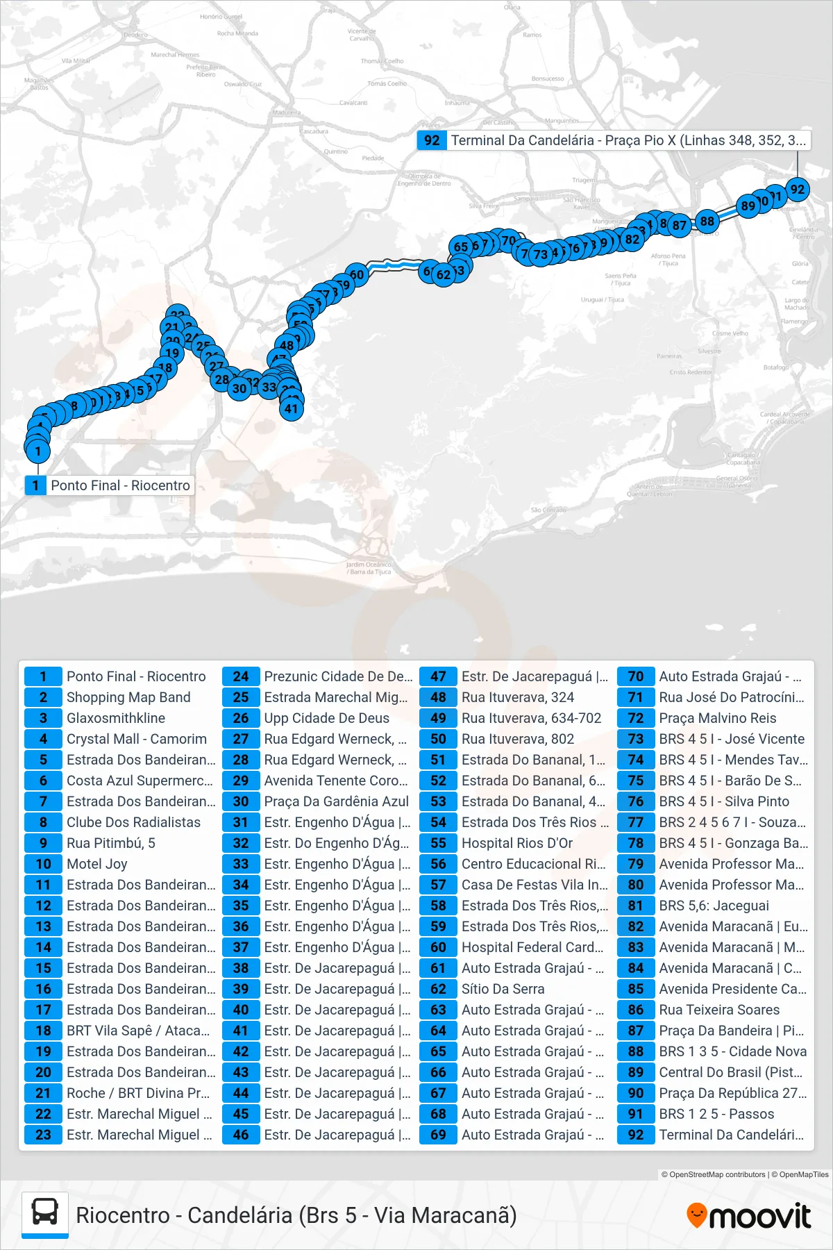 Rota e paradas da linha de ônibus 368 (Candelária) no mapa