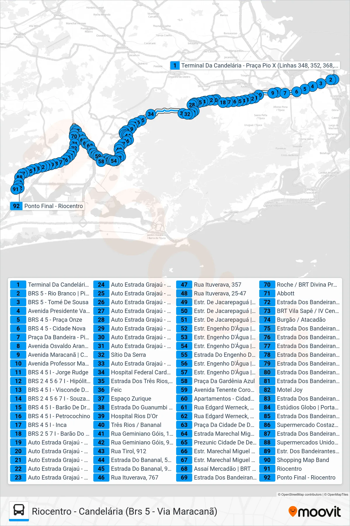 Rota e paradas da linha de ônibus 368 (Riocentro) no mapa