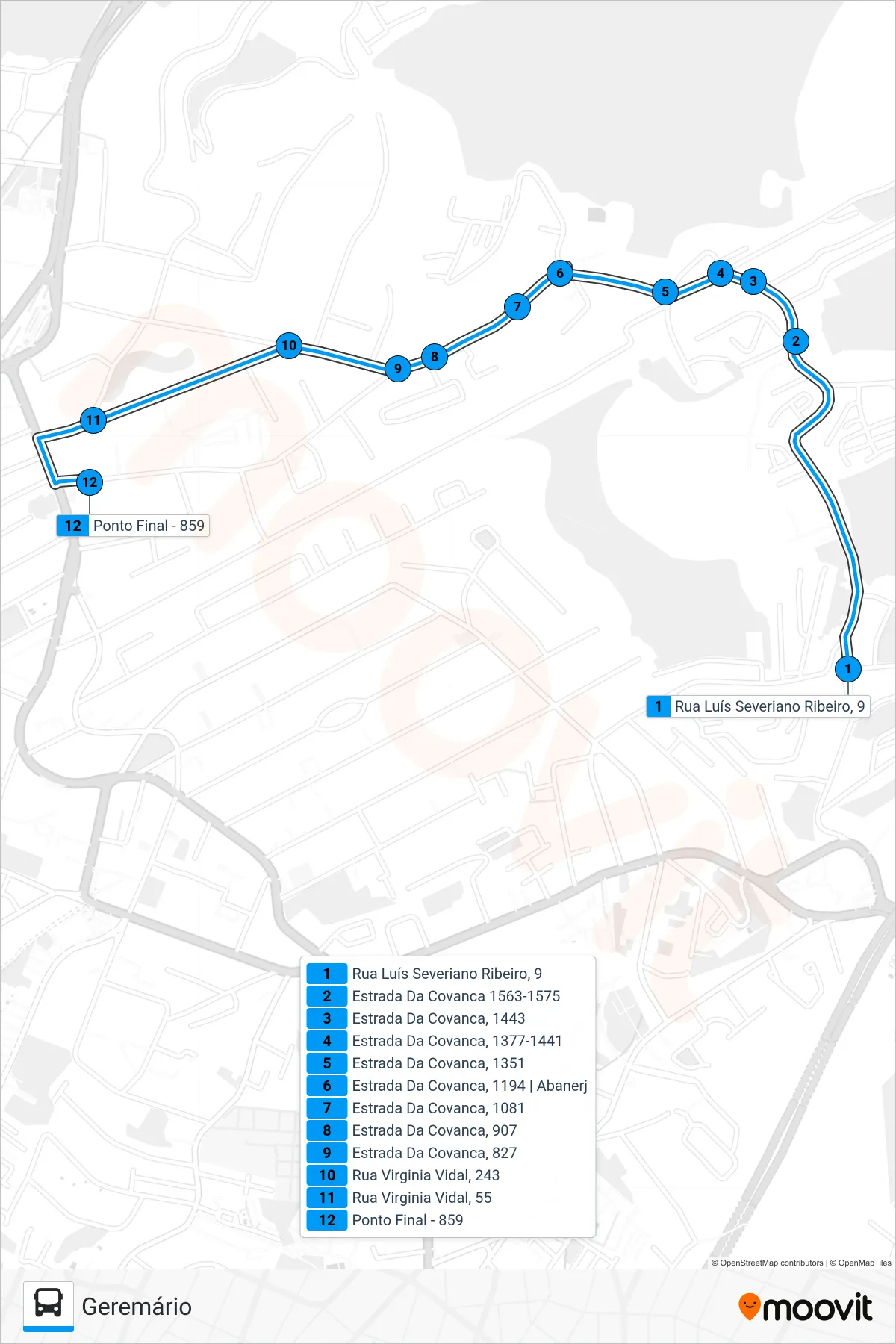 Rota e paradas da linha de ônibus 859 (Geremário) no mapa