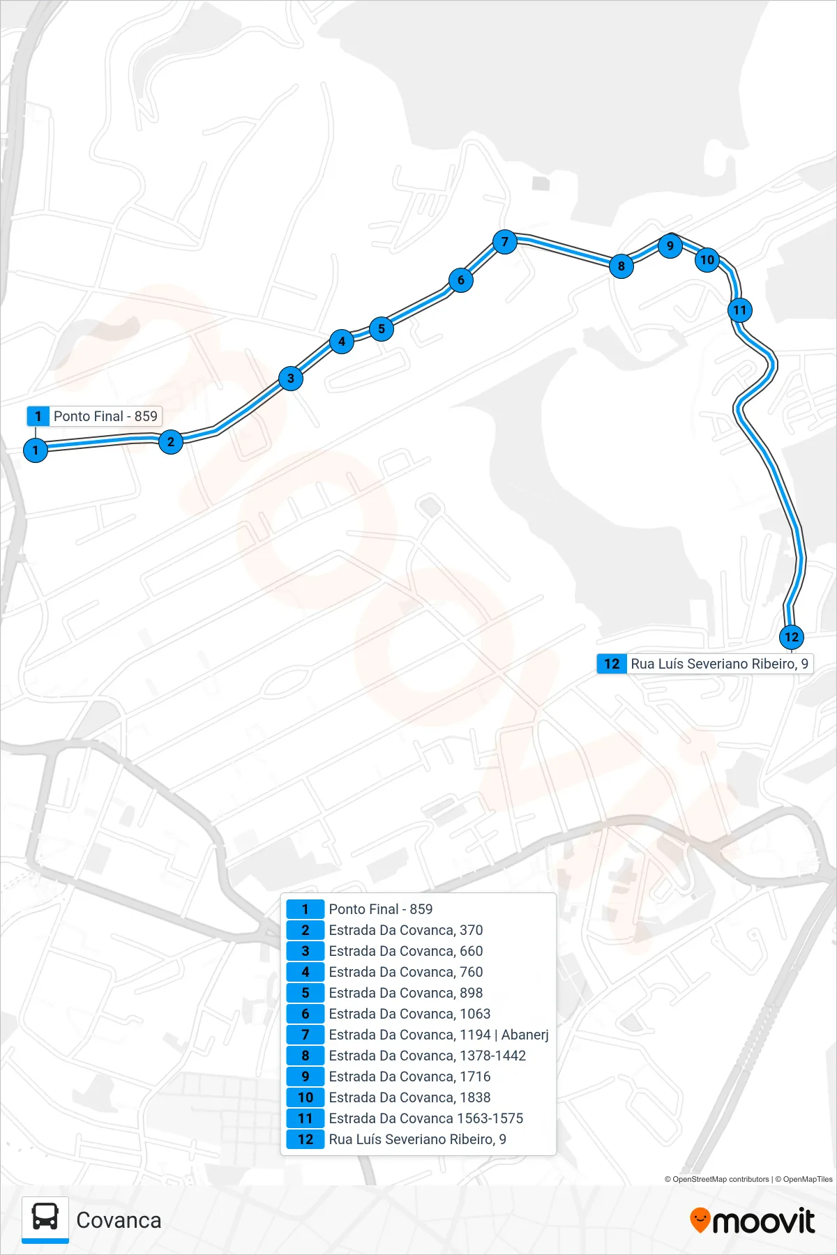 Rota e paradas da linha de ônibus 859 (Covanca) no mapa