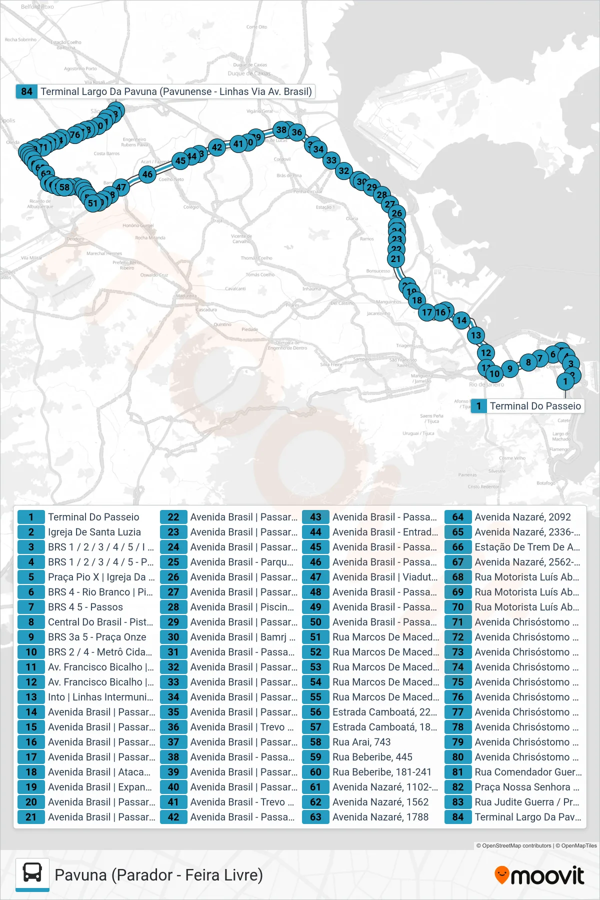 Rota e paradas da linha de ônibus 384 (Pavuna (Parador - Feira Livre)) no mapa