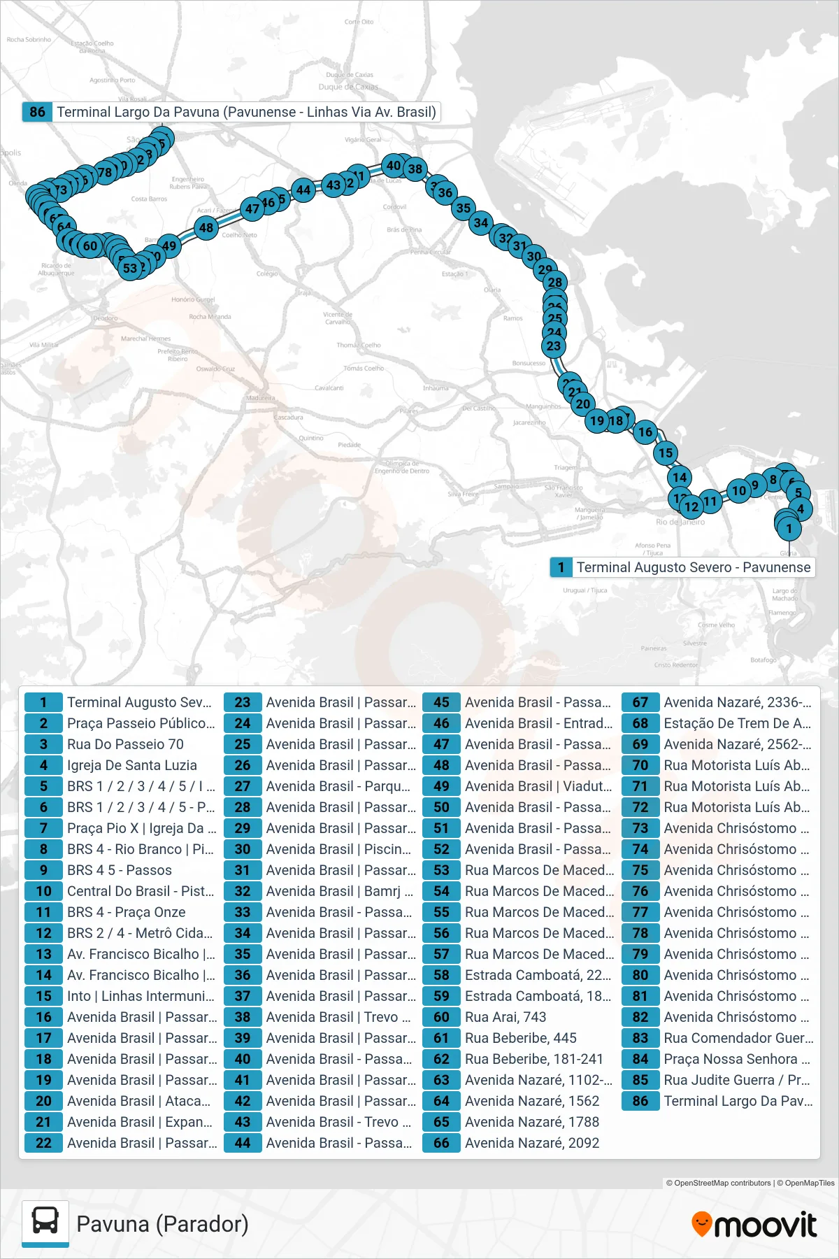 384 bus Line (Pavuna (Parador)) route and stops on a map