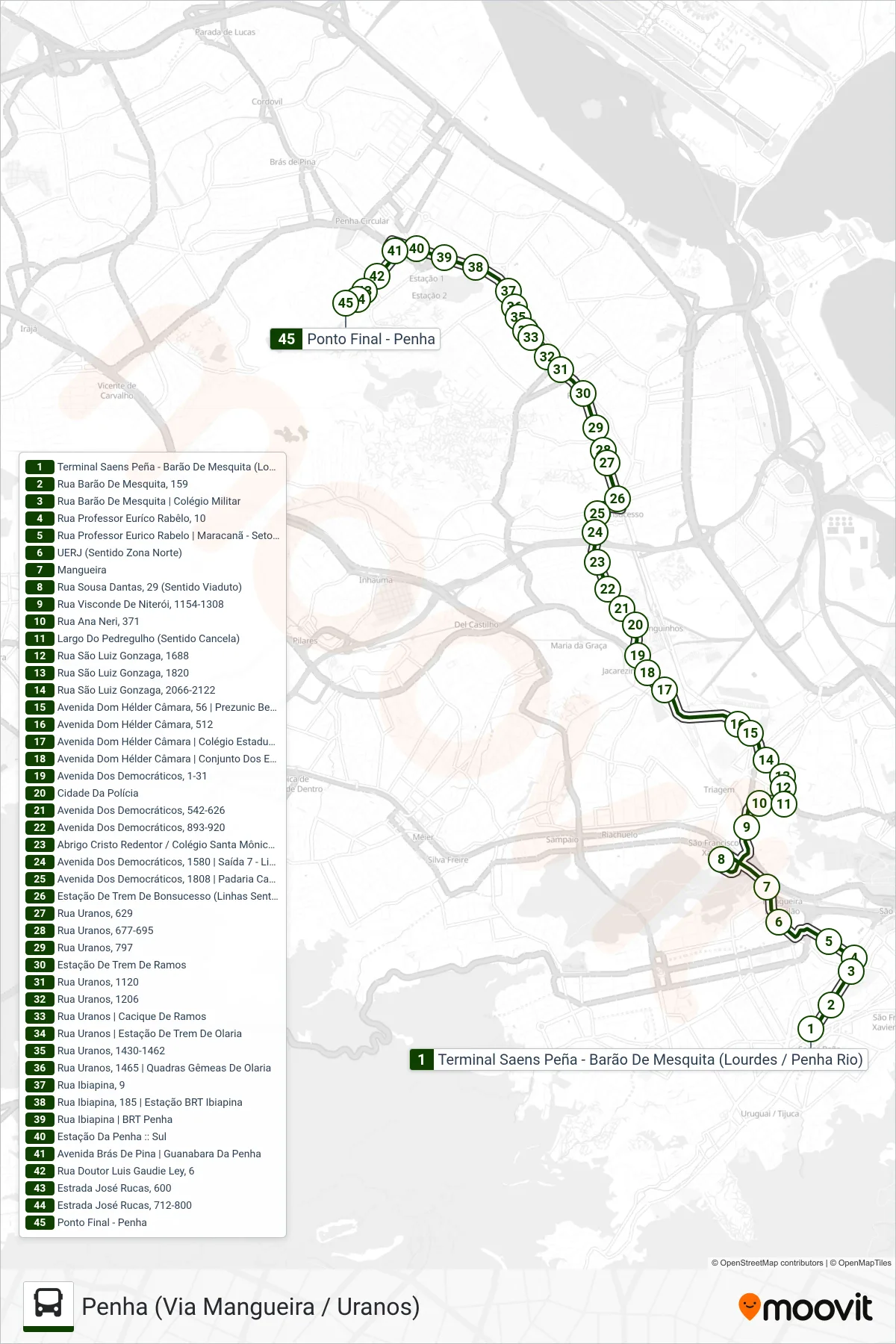 Rota e paradas da linha de ônibus 622 (Penha (Via Mangueira / Uranos)) no mapa
