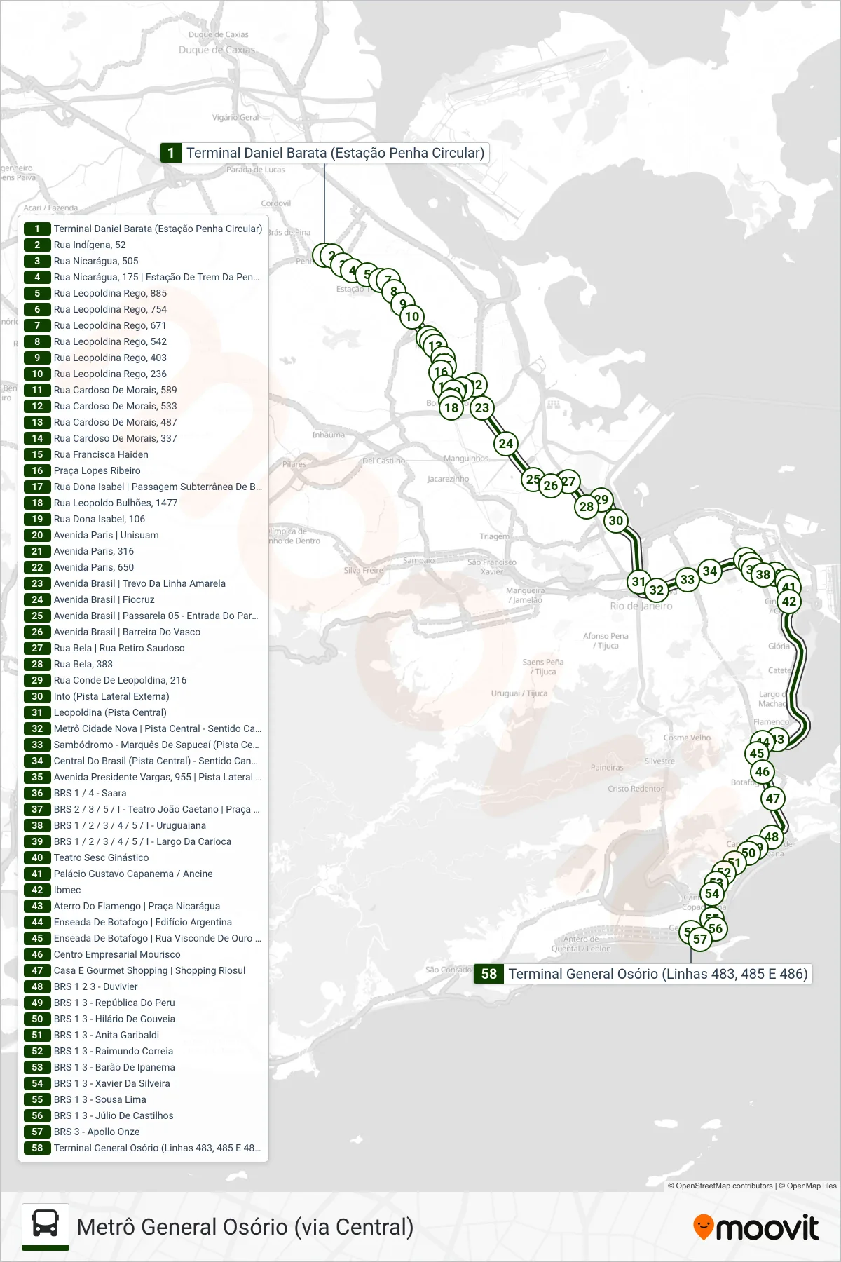 Rota e paradas da linha de ônibus  483  (Metrô General Osório (via Central)) no mapa