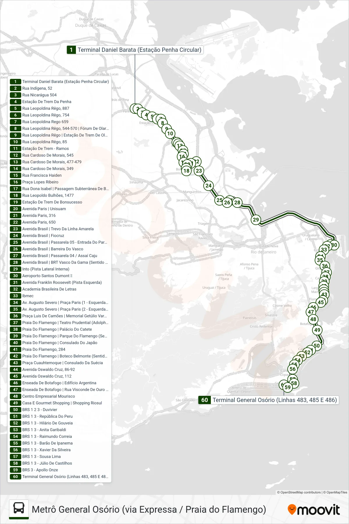 Rota e paradas da linha de ônibus 483 (Metrô General Osório (via Expressa / Praia do Flamengo)) no mapa