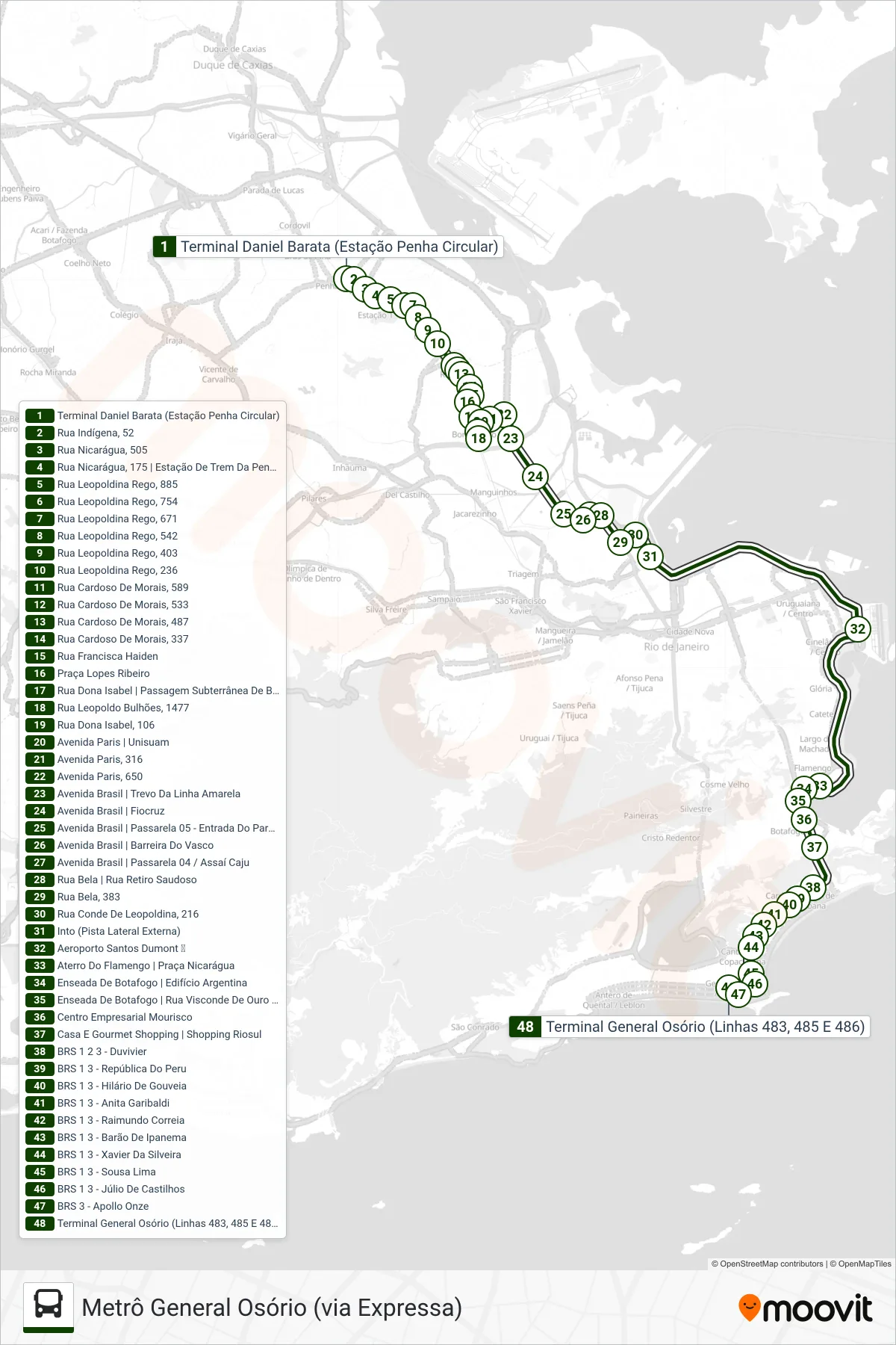 483 bus Line (Metrô General Osório (via Expressa)) route and stops on a map