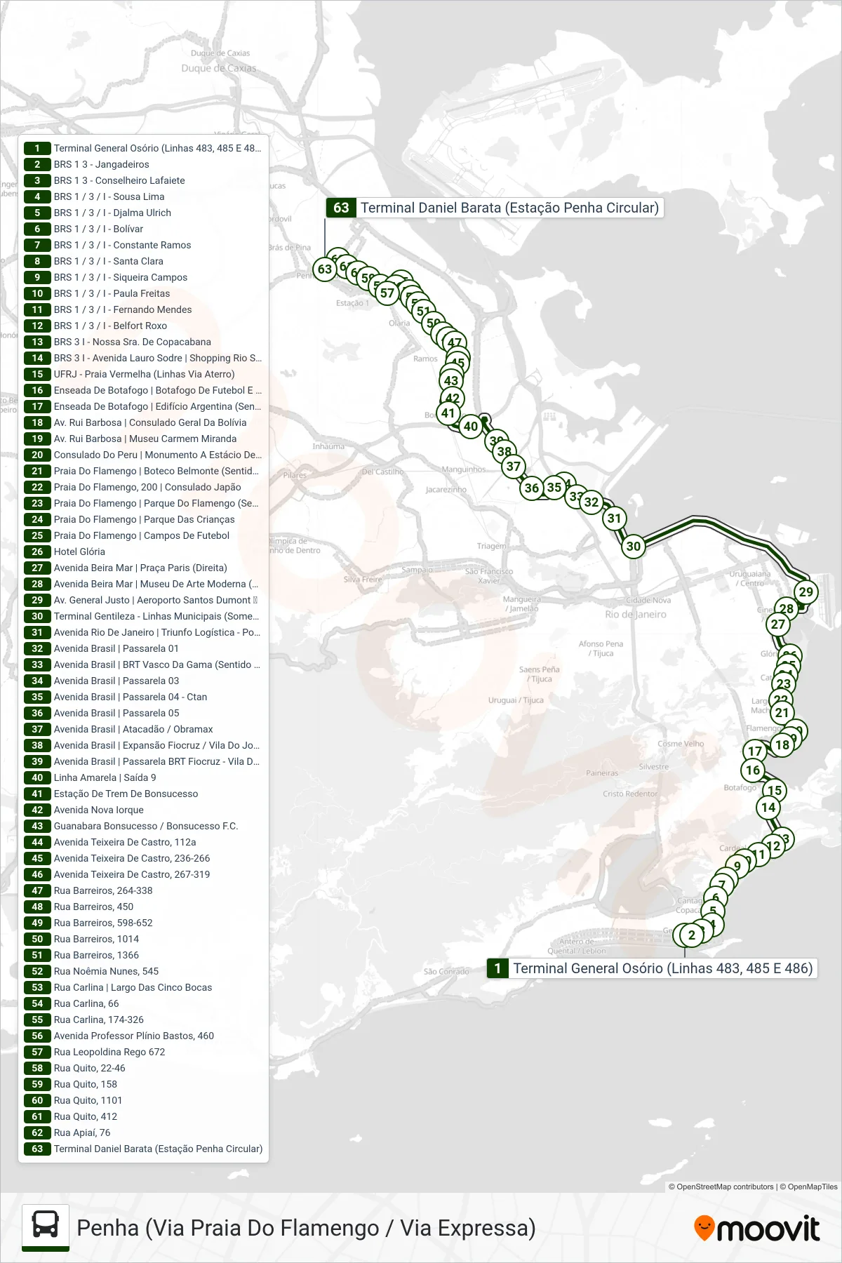 Rota e paradas da linha de ônibus  483  (Penha (Via Praia Do Flamengo / Via Expressa)) no mapa
