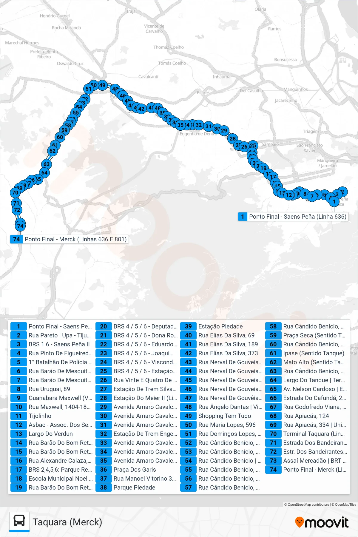 Rota e paradas da linha de ônibus 636 (Taquara (Merck)) no mapa