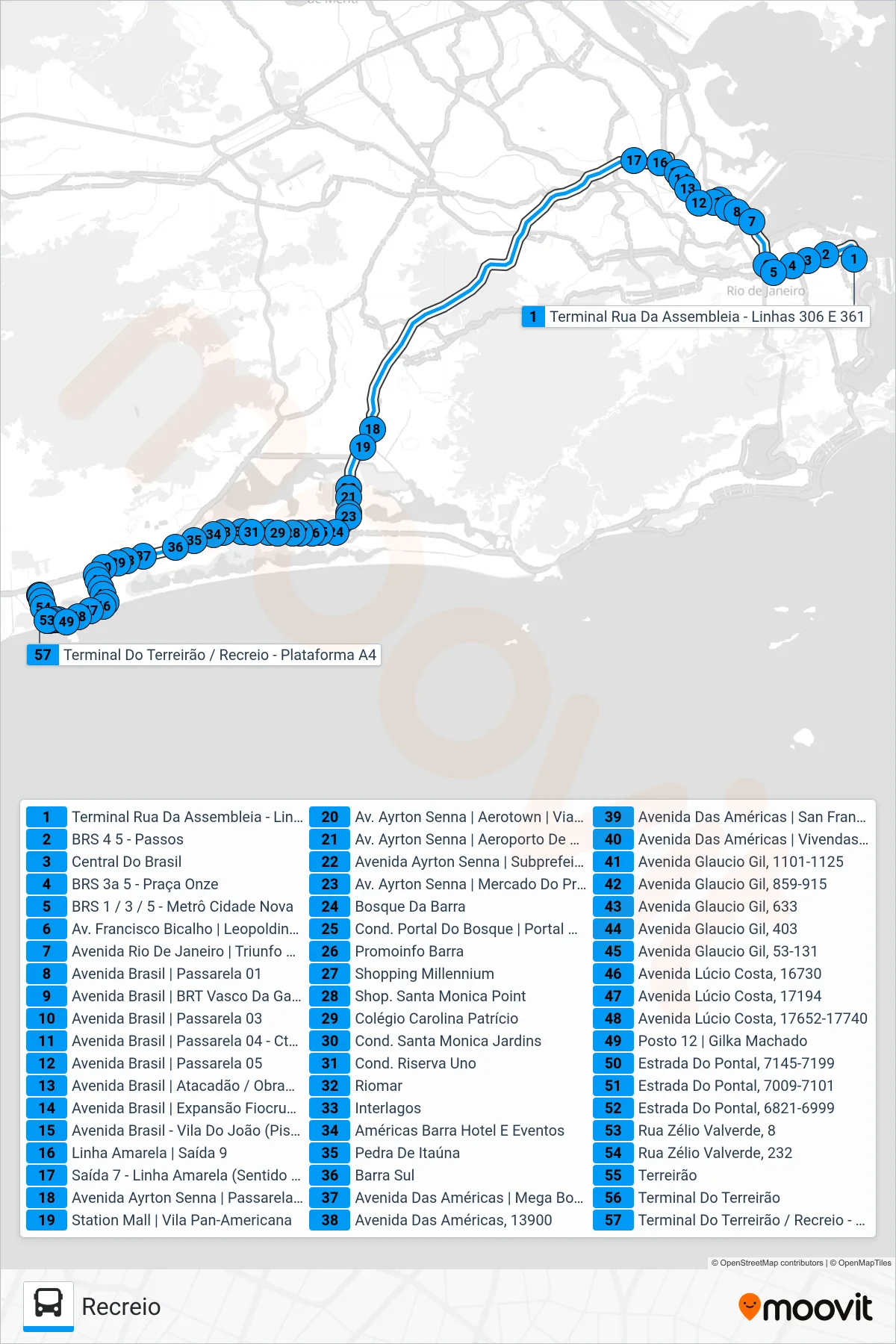 Rota e paradas da linha de ônibus 361 (Recreio) no mapa