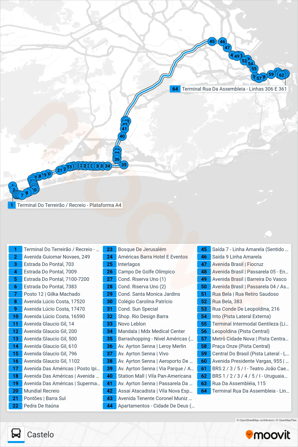 Rota e paradas da linha de ônibus  361  (Castelo) no mapa