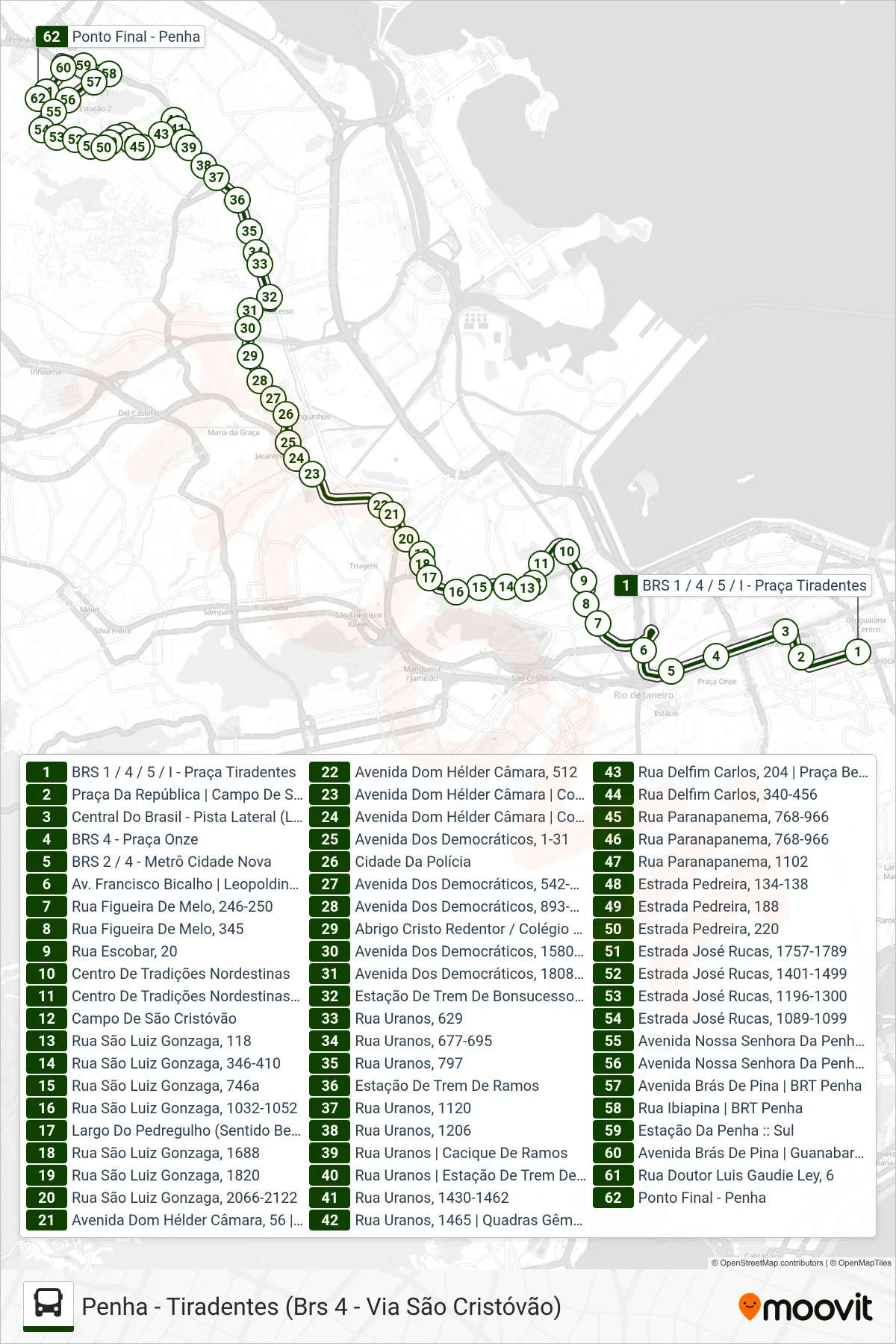 Rota e paradas da linha de ônibus 313 (Penha (Via Uranos / Vila Cruzeiro)) no mapa