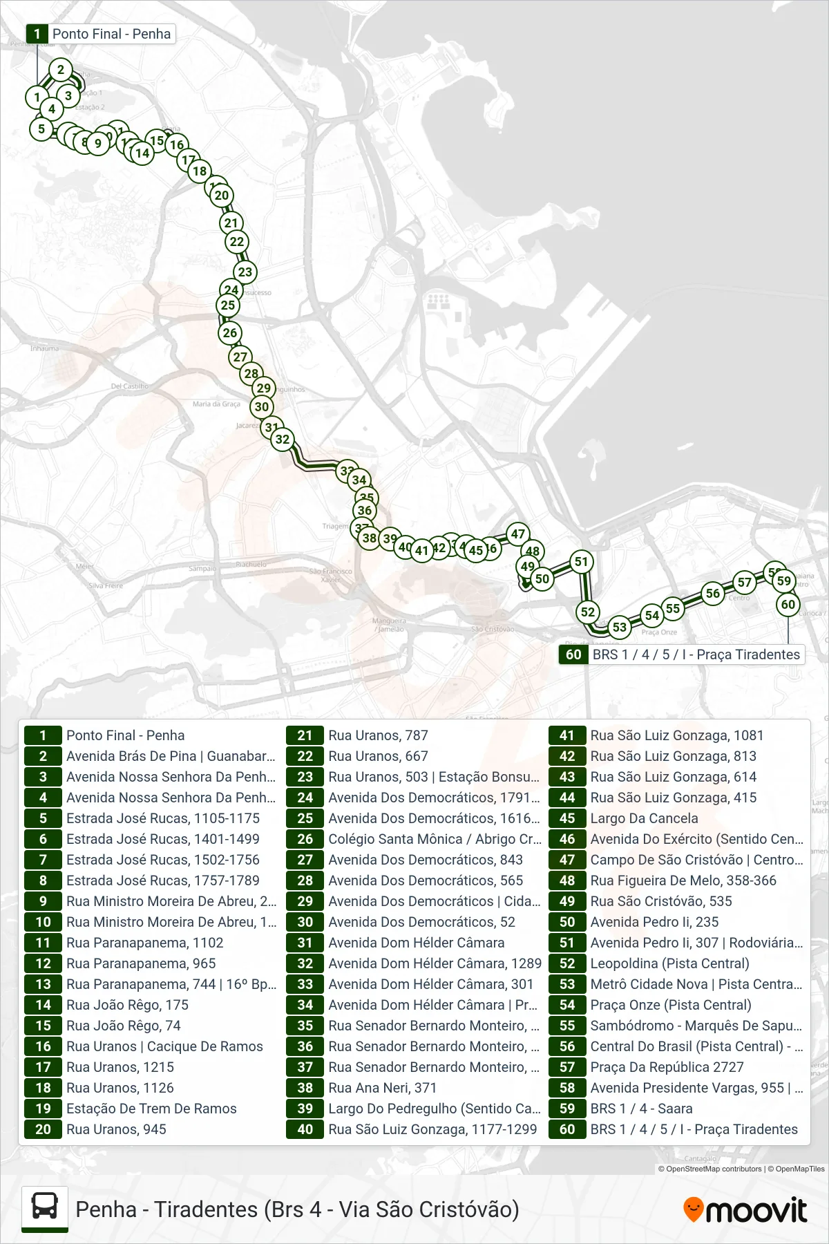 Rota e paradas da linha de ônibus 313 (Tiradentes (Via Vila Cruzeiro / Uranos)) no mapa