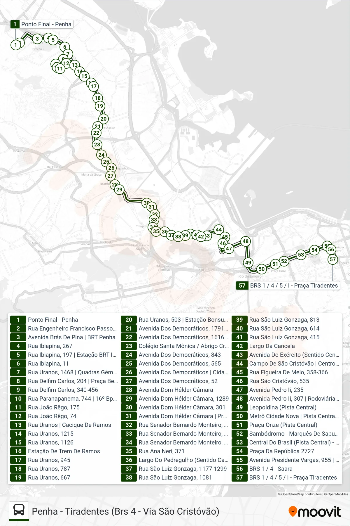 Rota e paradas da linha de ônibus  313  (Tiradentes (Via Ibiapina / Uranos)) no mapa