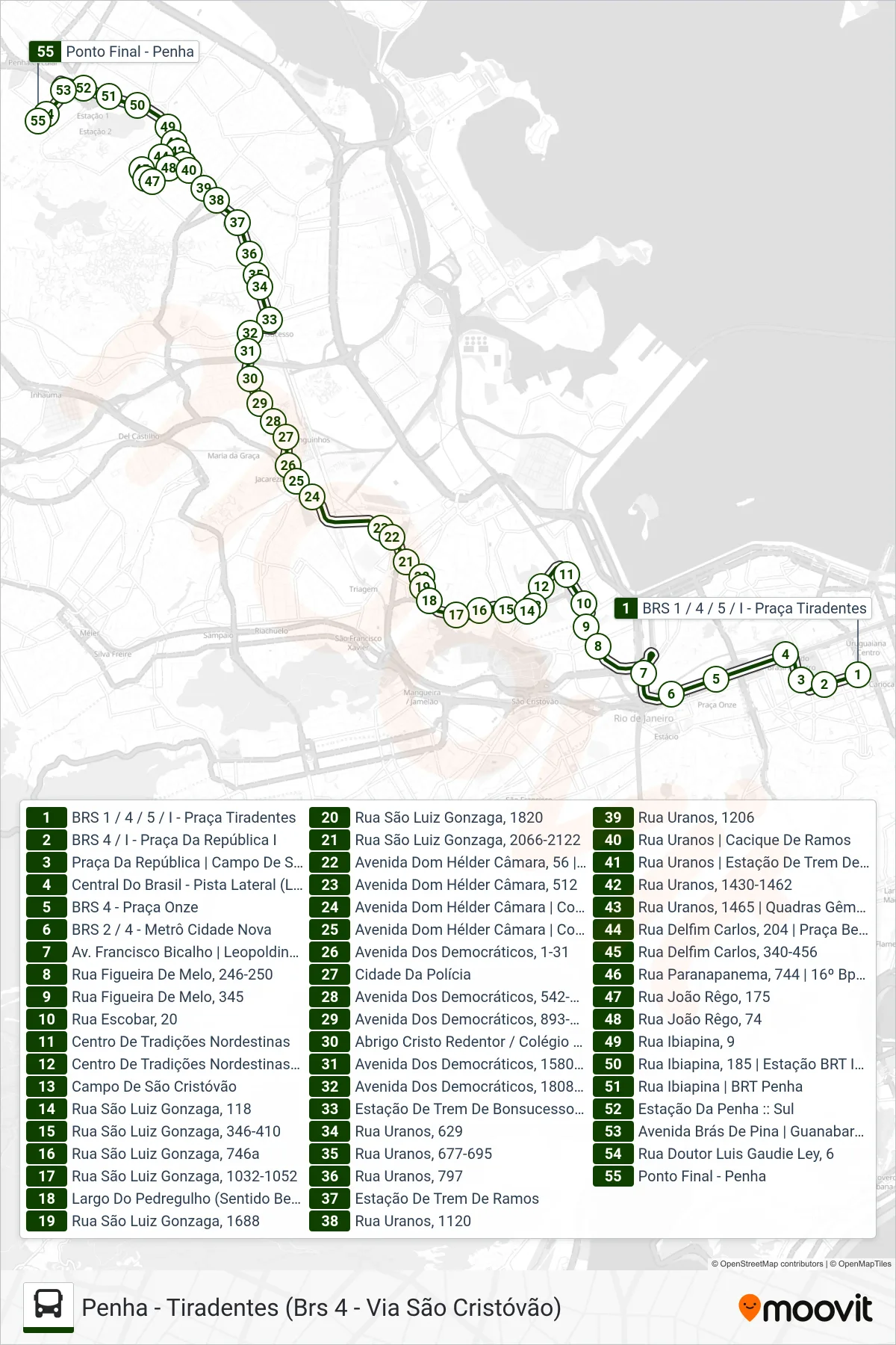 Rota e paradas da linha de ônibus 313 (Penha (Via Uranos / Ibiapina)) no mapa