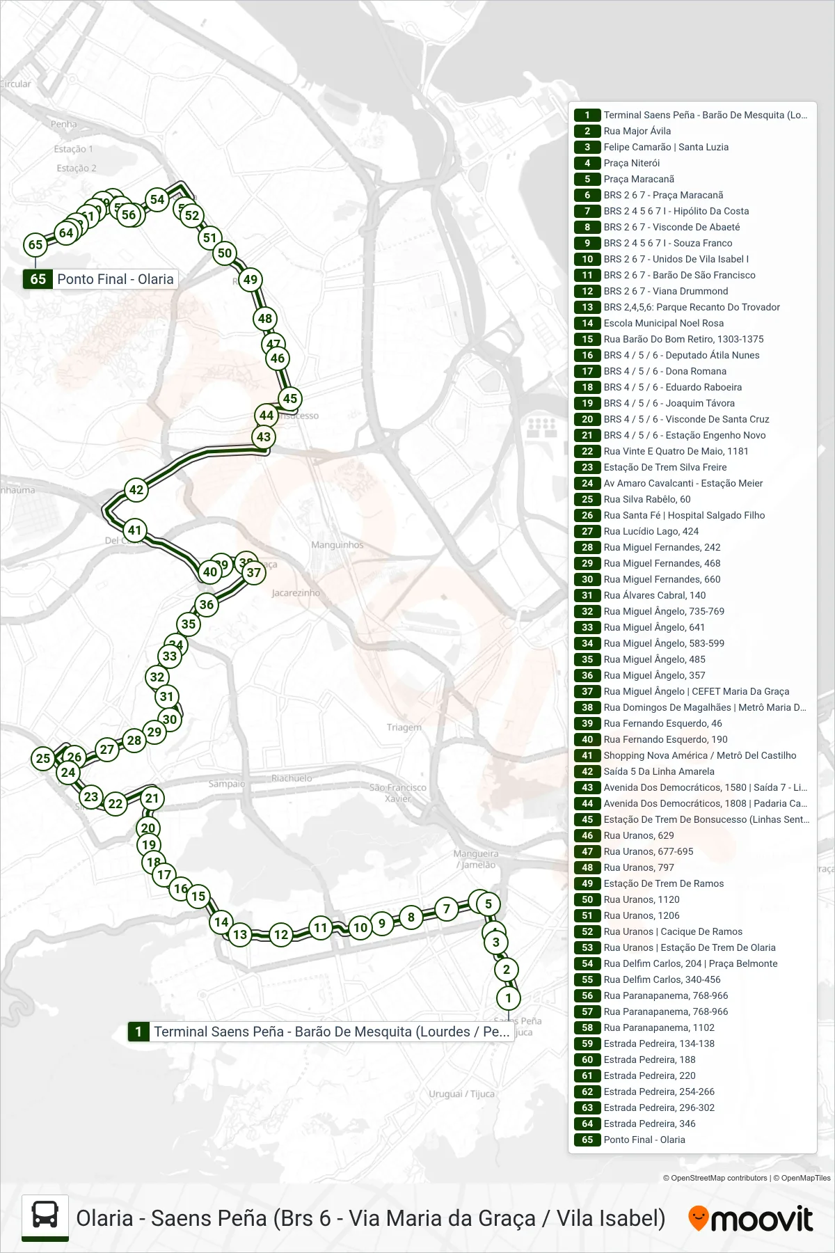 Rota e paradas da linha de ônibus 625 (Olaria) no mapa