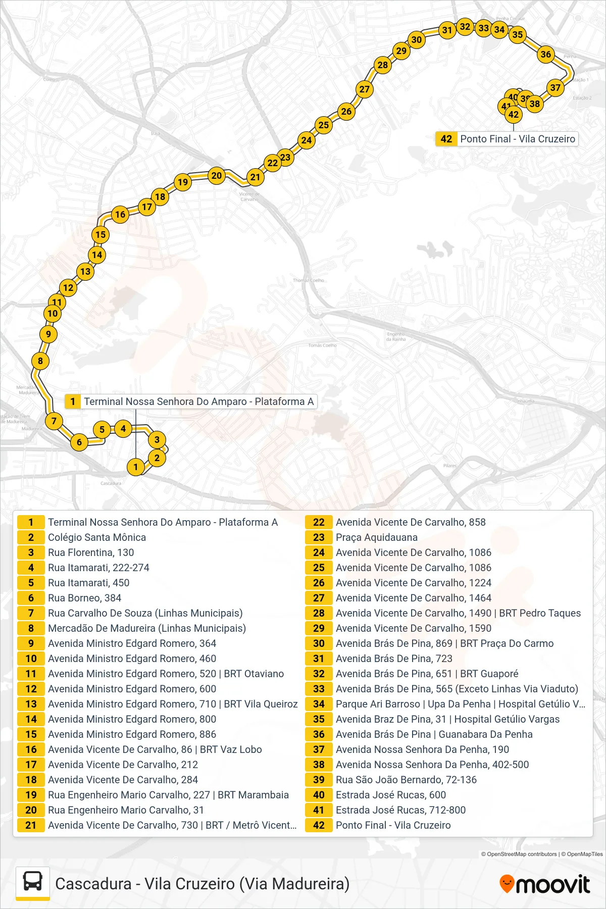 Rota e paradas da linha de ônibus 721 (Vila Cruzeiro) no mapa