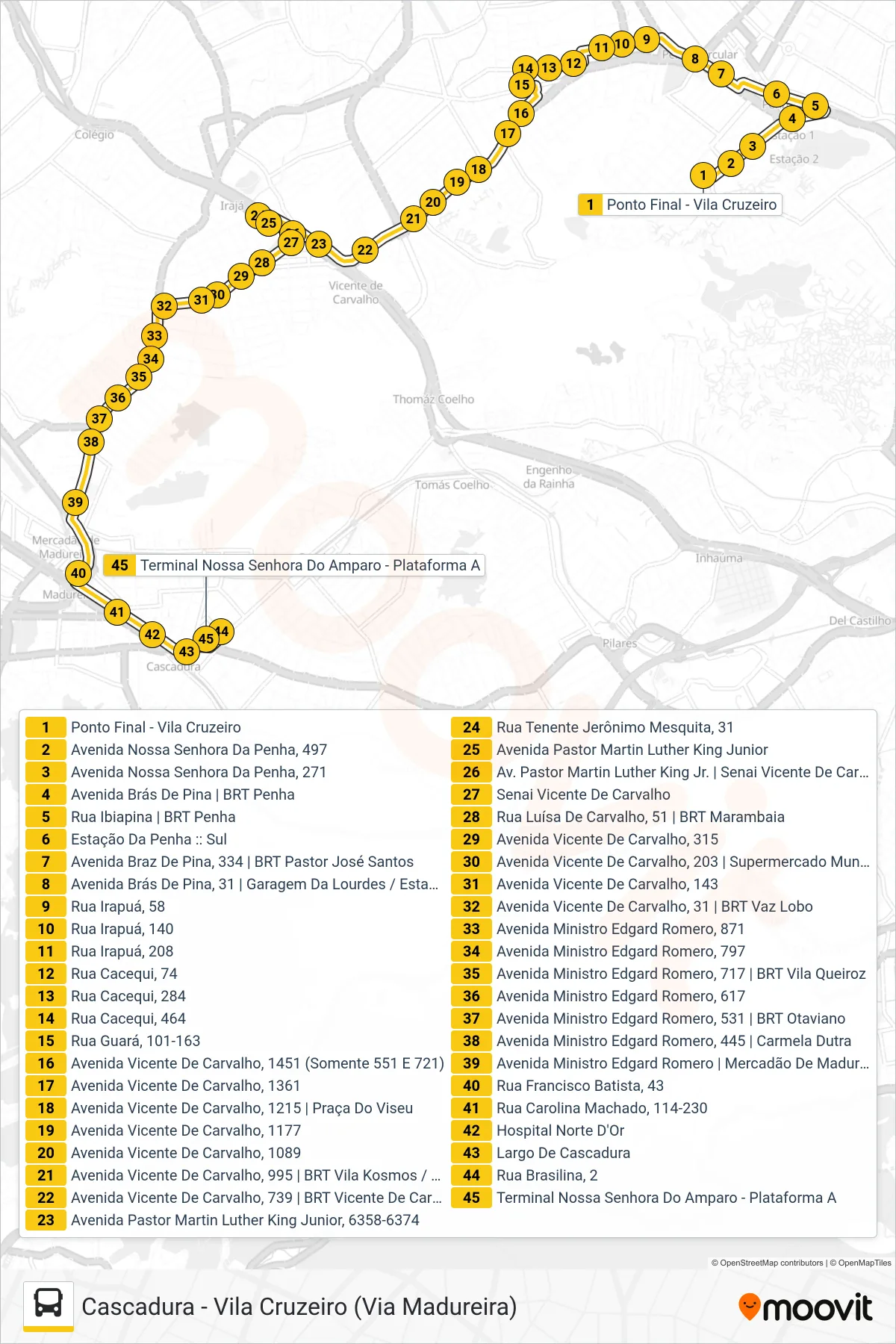 Rota e paradas da linha de ônibus 721 (Cascadura) no mapa