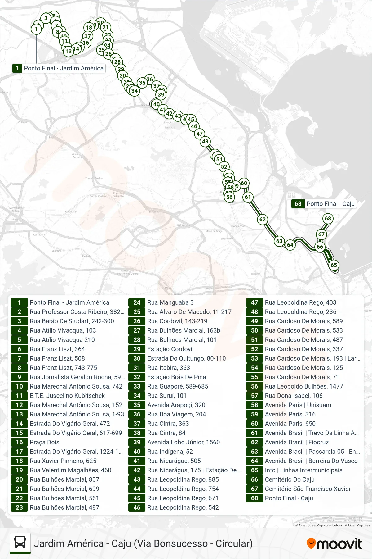 Rota e paradas da linha de ônibus 906 (Caju) no mapa