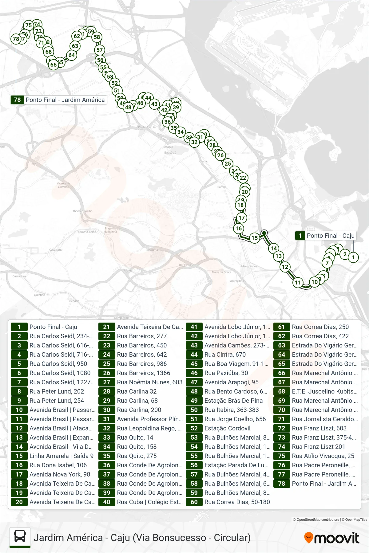 Rota e paradas da linha de ônibus 906 (Jardim América) no mapa