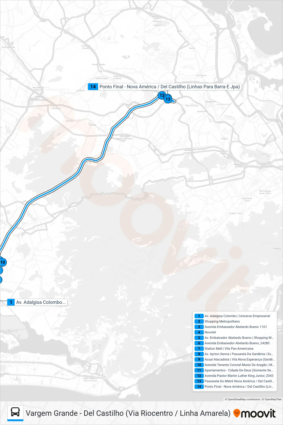 Rota e paradas da linha de ônibus 613 (Del Castilho (Saída Centro Metropolitano)) no mapa