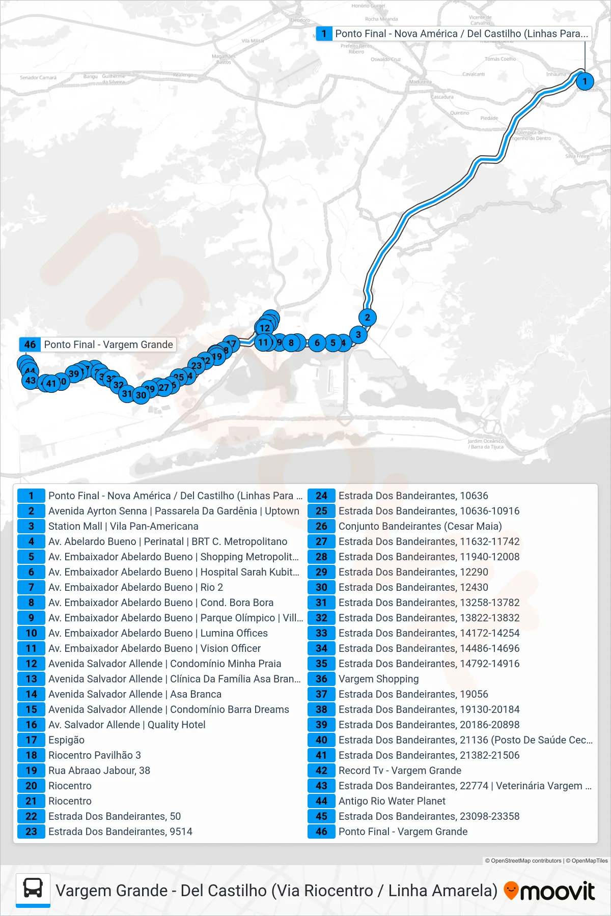 Rota e paradas da linha de ônibus 613 (Vargem Grande) no mapa