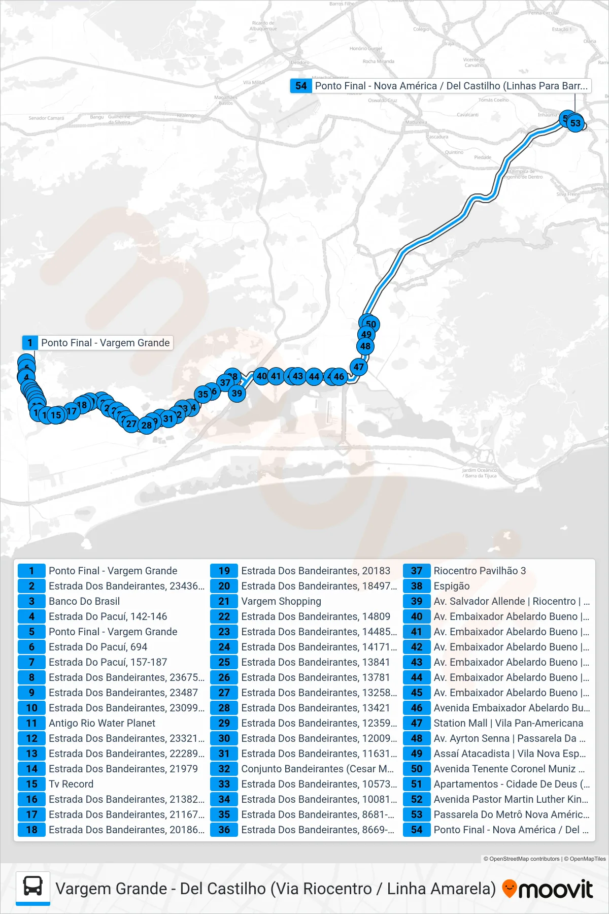 Rota e paradas da linha de ônibus 613 (Del Castilho) no mapa