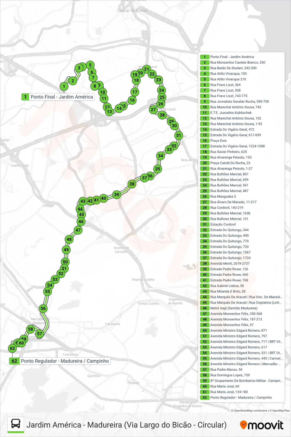 Rota e paradas da linha de ônibus 775 (Madureira (Circular)) no mapa