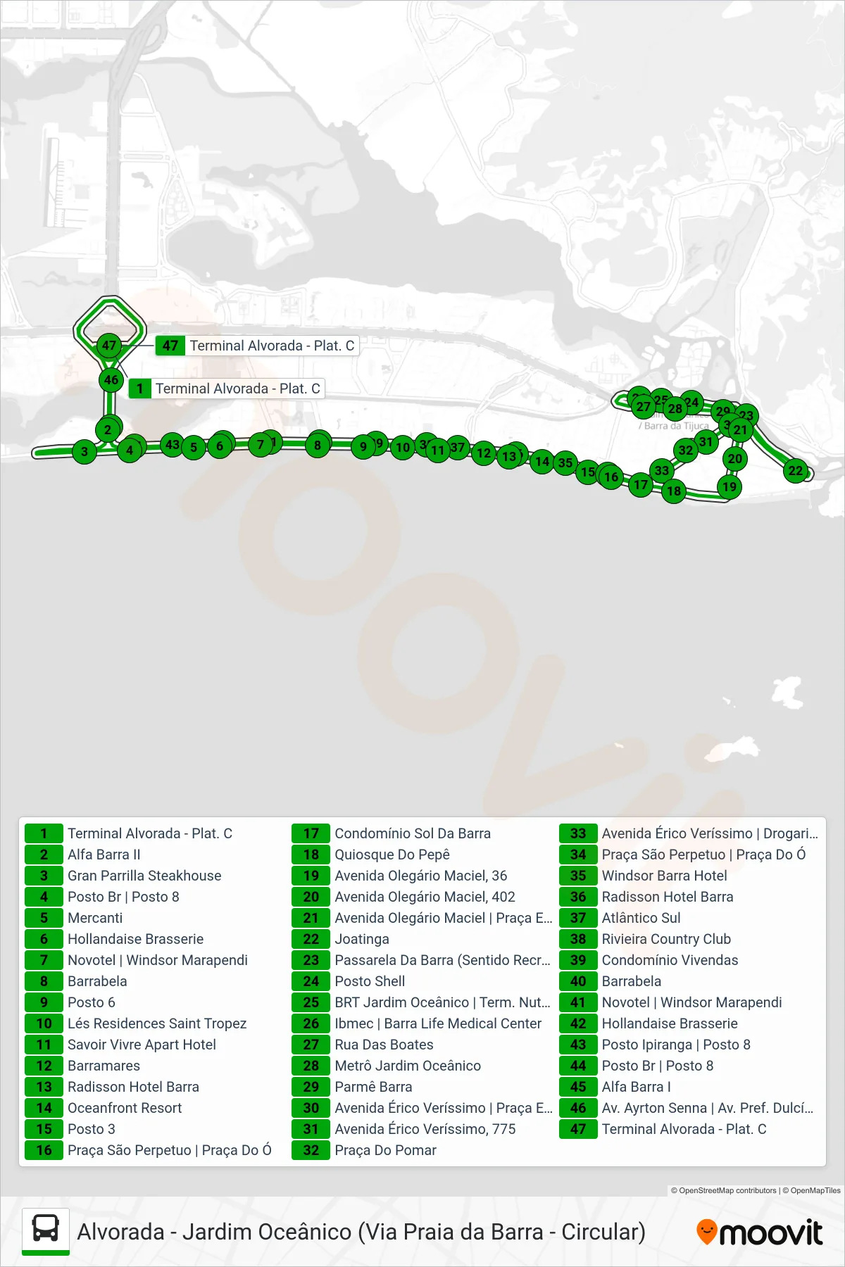 Rota e paradas da linha de ônibus  805  (Alvorada ↔ Metrô Barra (Circular)) no mapa