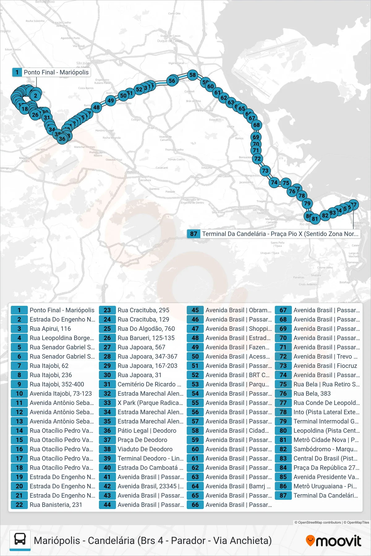 Rota e paradas da linha de ônibus 386 (Candelária) no mapa