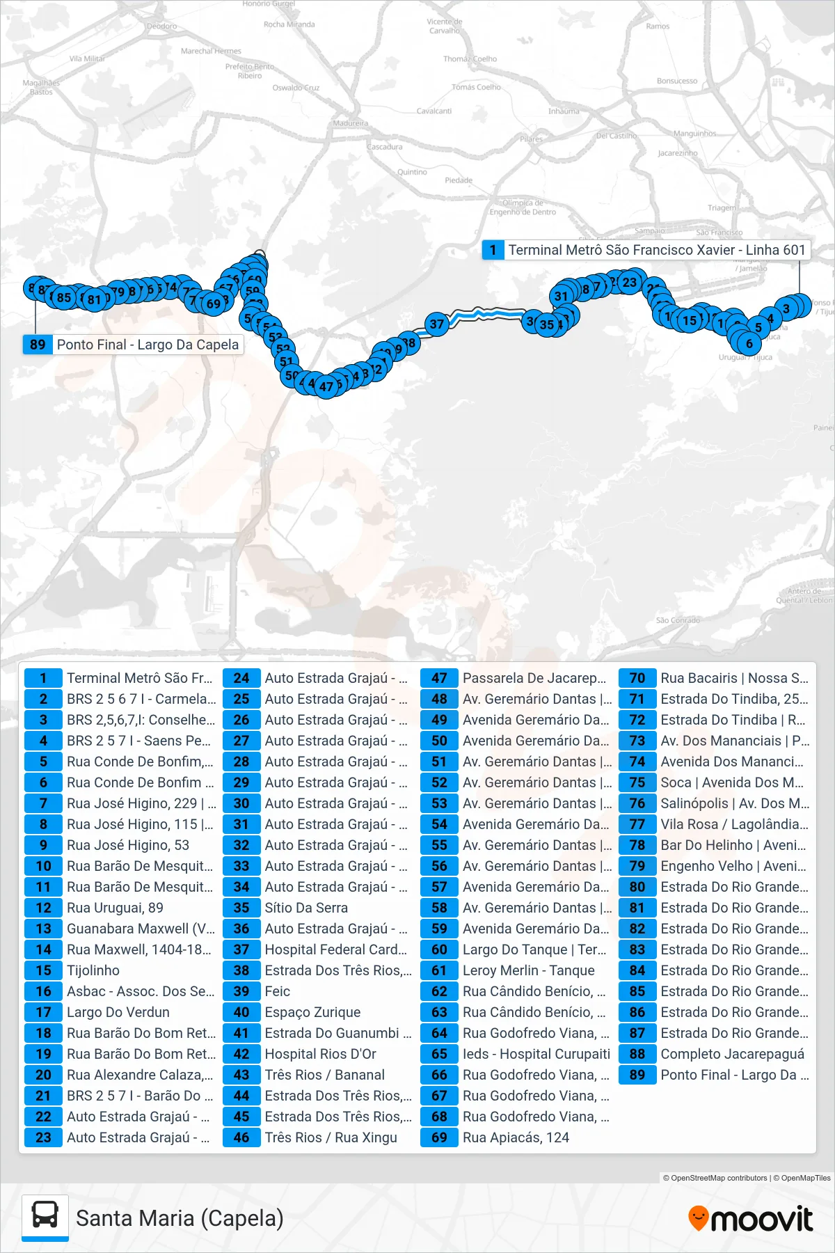 Rota e paradas da linha de ônibus 601 (Santa Maria (Capela)) no mapa