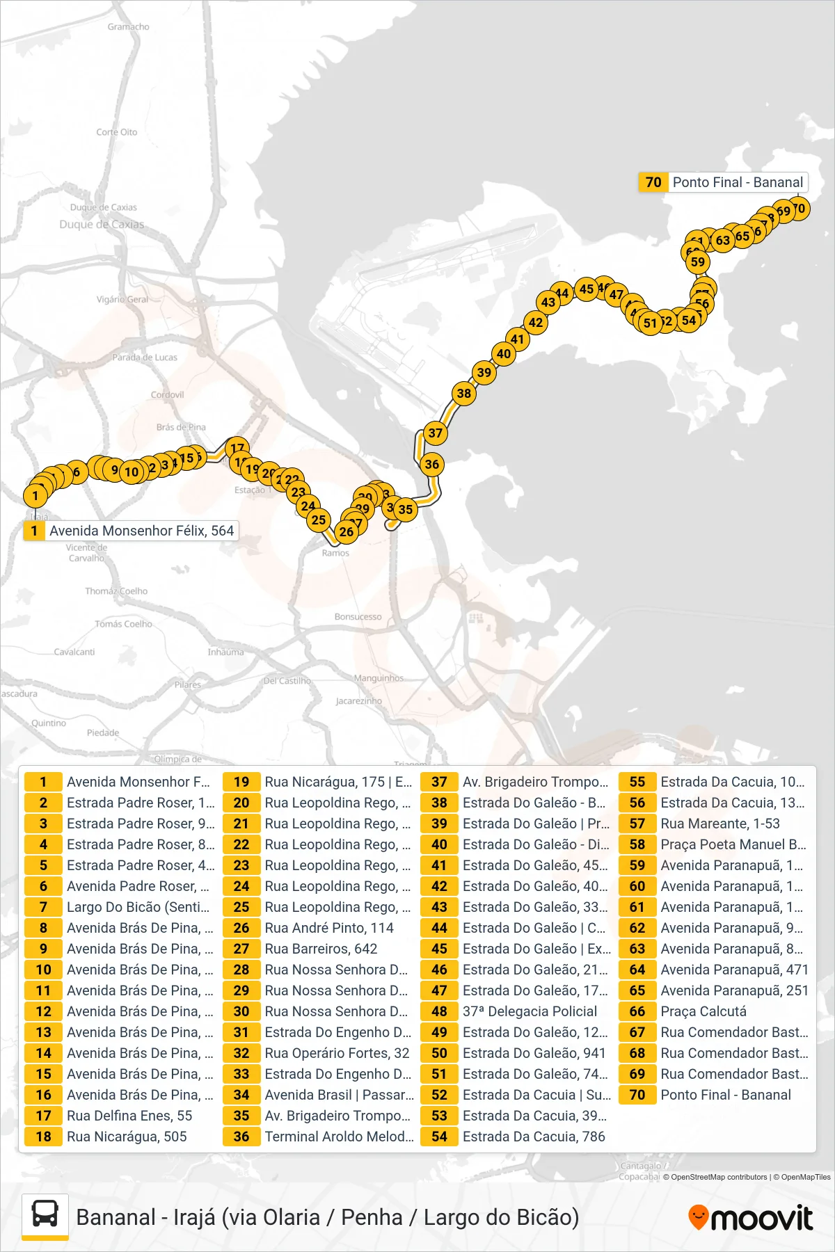 Rota e paradas da linha de ônibus 910 (Bananal) no mapa