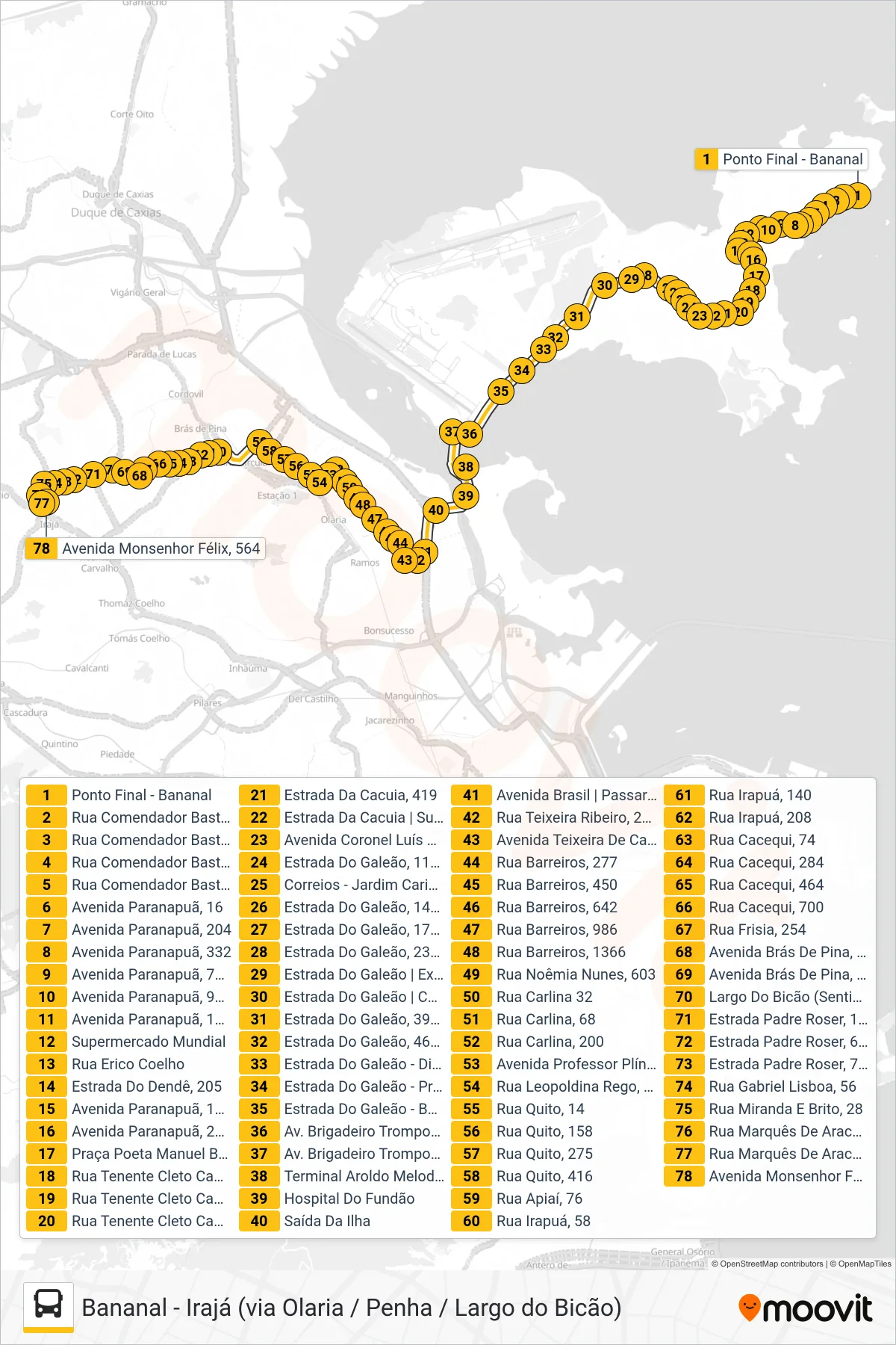 910 bus Line (Irajá) route and stops on a map